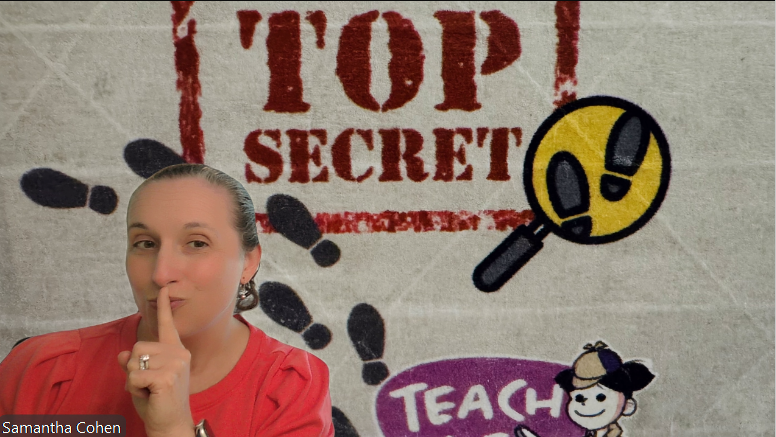 Dr. Cohen in a coral shirt with finger to her lips, standing in front of a background with a large stamp-like 'TOP SECRET' sign, footprint graphics, a magnifying glass icon, and a cartoon girl dressed as a detective.