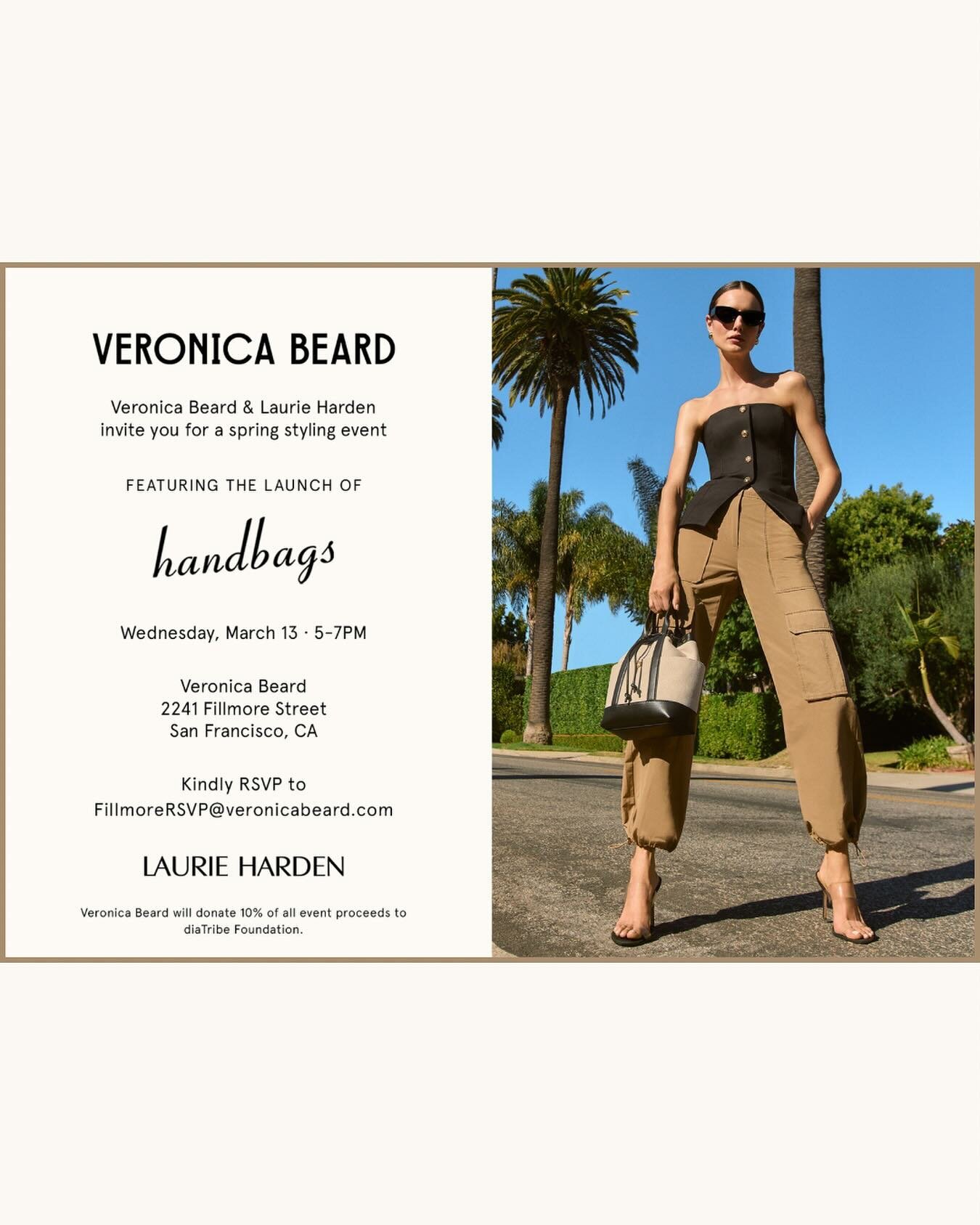 Join me Wed 3/13 from 5-7pm at @veronicabeard SF for a styling event in celebration of their handbag launch!

10% of all proceeds will go to diaTribe Foundation 🤍