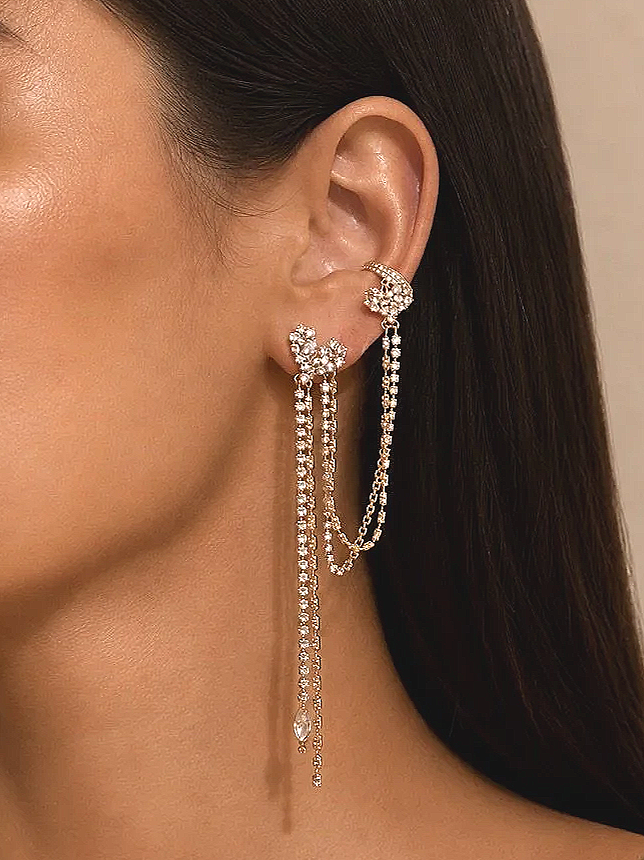 18k Pave Heart Ear Climber with Diamond Cut Chain 
