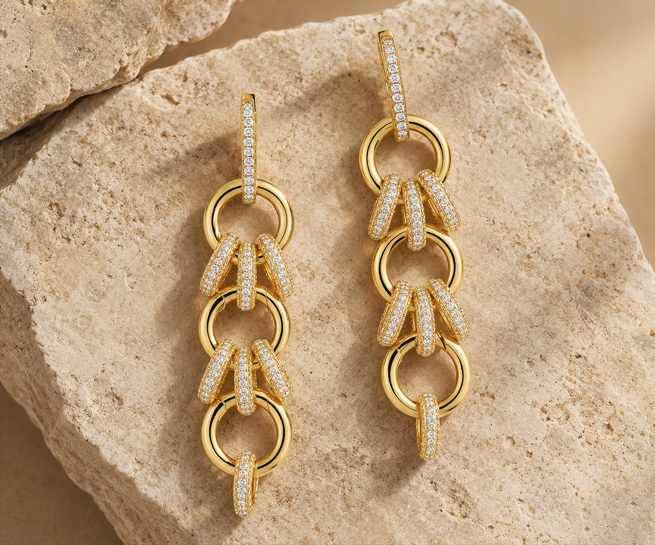 18k Yellow Gold Triple Link Earrings - Pave Diamonds 