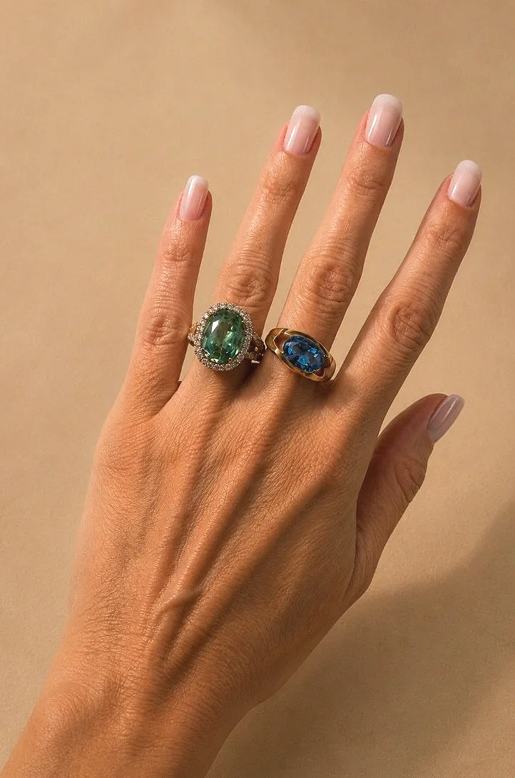 18K Yellow Gold Mint Green Tourmaline Ring set in Diamonds  - 14K Yellow Gold Aquamarine Ring