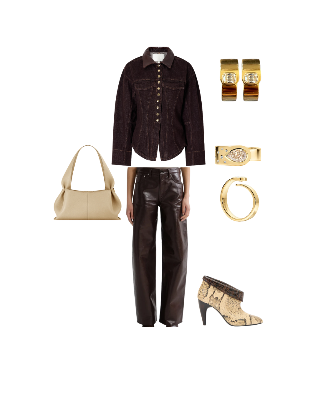 Outfit featuring a dark denim jacket, black leather pants, beige handbag, snake print high-heeled boots, and gold jewelry including earrings, rings, and a bracelet.