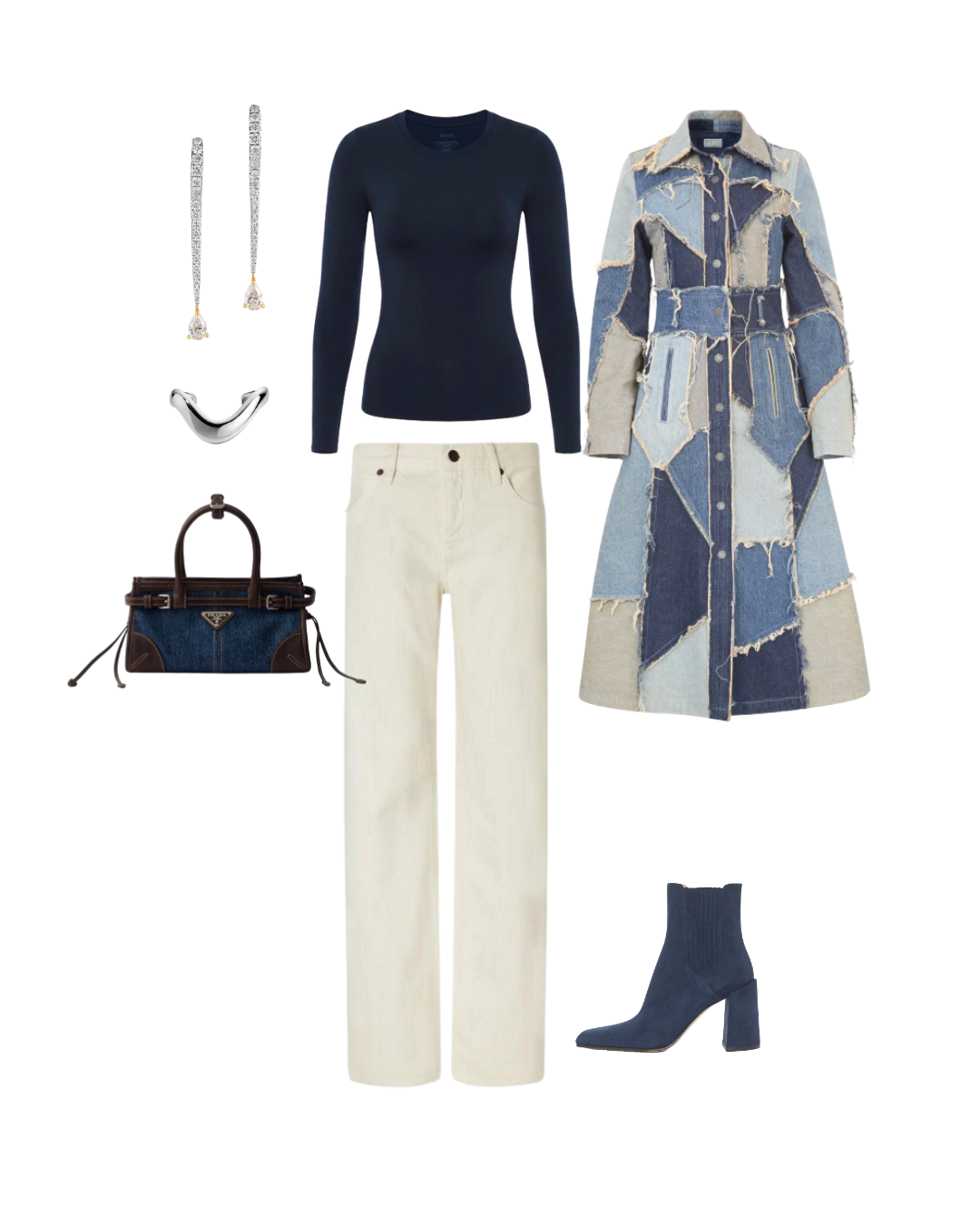 Outfit with a black long-sleeve top, white pants, blue high-heeled boots, a patchwork denim coat, a Prada handbag, and silver drop earrings with a silver curved ring.