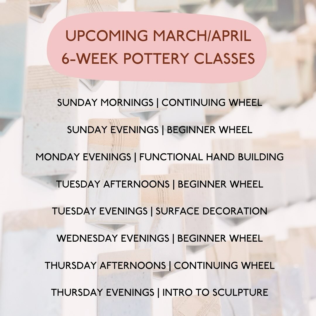 We have some sweet multi-week classes on offer for March/April!

Evening beginner wheels are sold out, but what a great time to start your hand building journey! 🙌🏼

Link to website with more details in the bio.