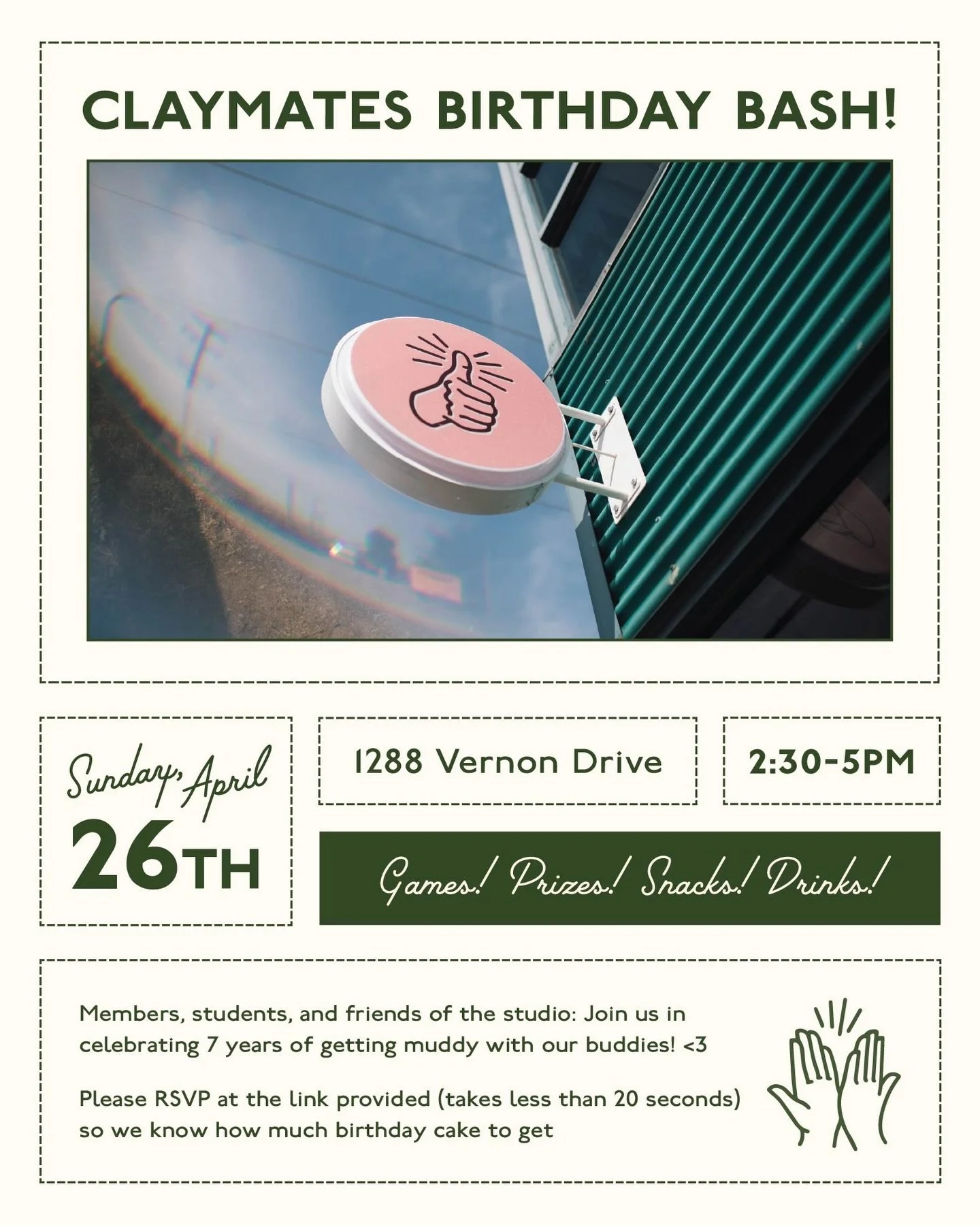 Friends of Claymates: You&rsquo;re invited! ⁠🎈⁠
⁠
We&rsquo;re celebrating 7 years of getting muddy together, and we&rsquo;d love to party with you.⁠ ⁠
⁠
Join us Sunday April 26, from 2:30PM - 5PM at the studio for mingling, games, snacks, and an all