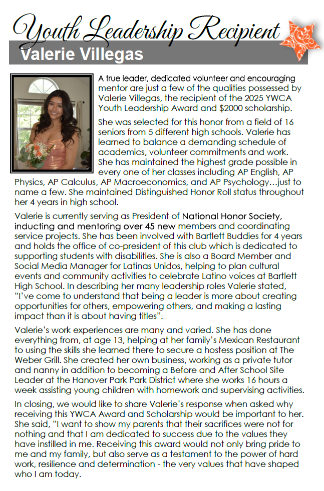 Award certificate titled 'Youth Leadership Recipient' awarded to Valerie Villegas. The certificate describes her leadership qualities and achievements, including her service as President of the National Honor Society, involvement in community service, and academic accomplishments. It features a photo of Valerie Villegas, a young woman with long, dark hair, smiling and wearing a pink off-shoulder dress, against a window background.