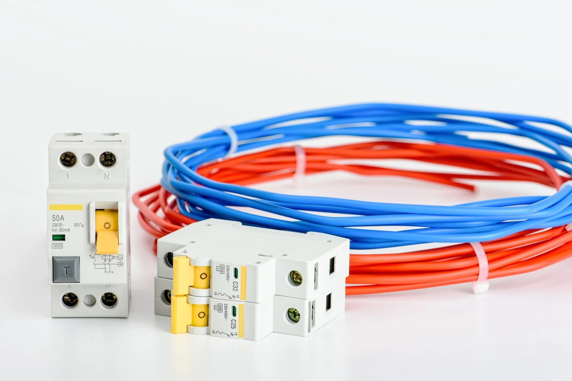 GFCI, double-pole branch circuit breaker, and wires