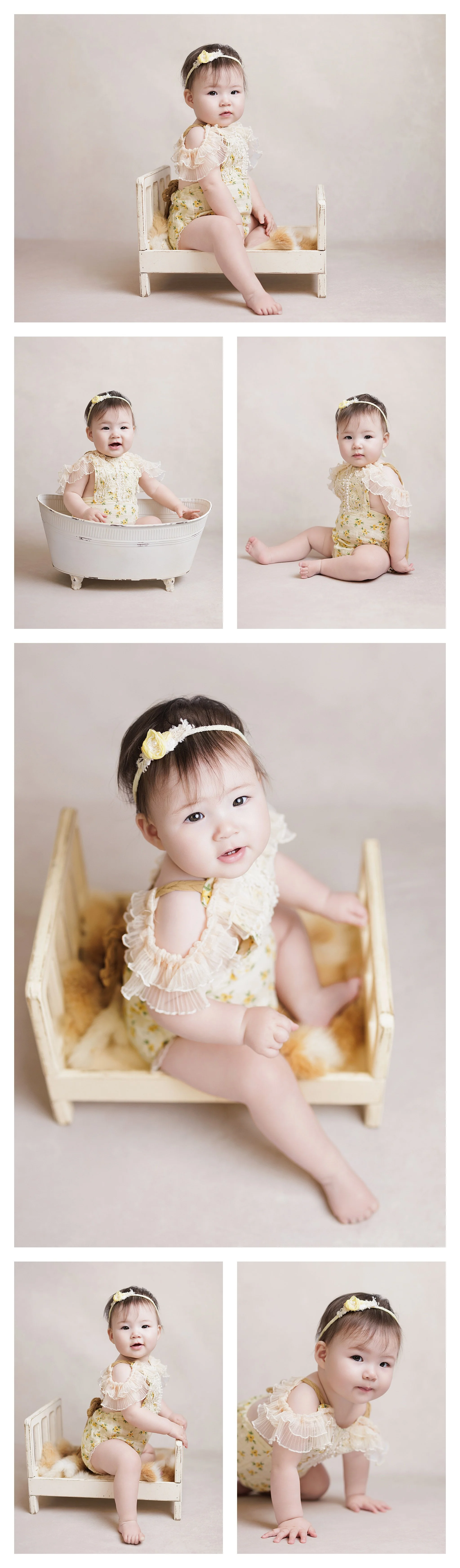 Six-photo collage of a baby girl in a pale yellow floral romper and lace sleeves, sitting on a miniature cream bed, posing in a bathtub, and exploring on hands and knees.