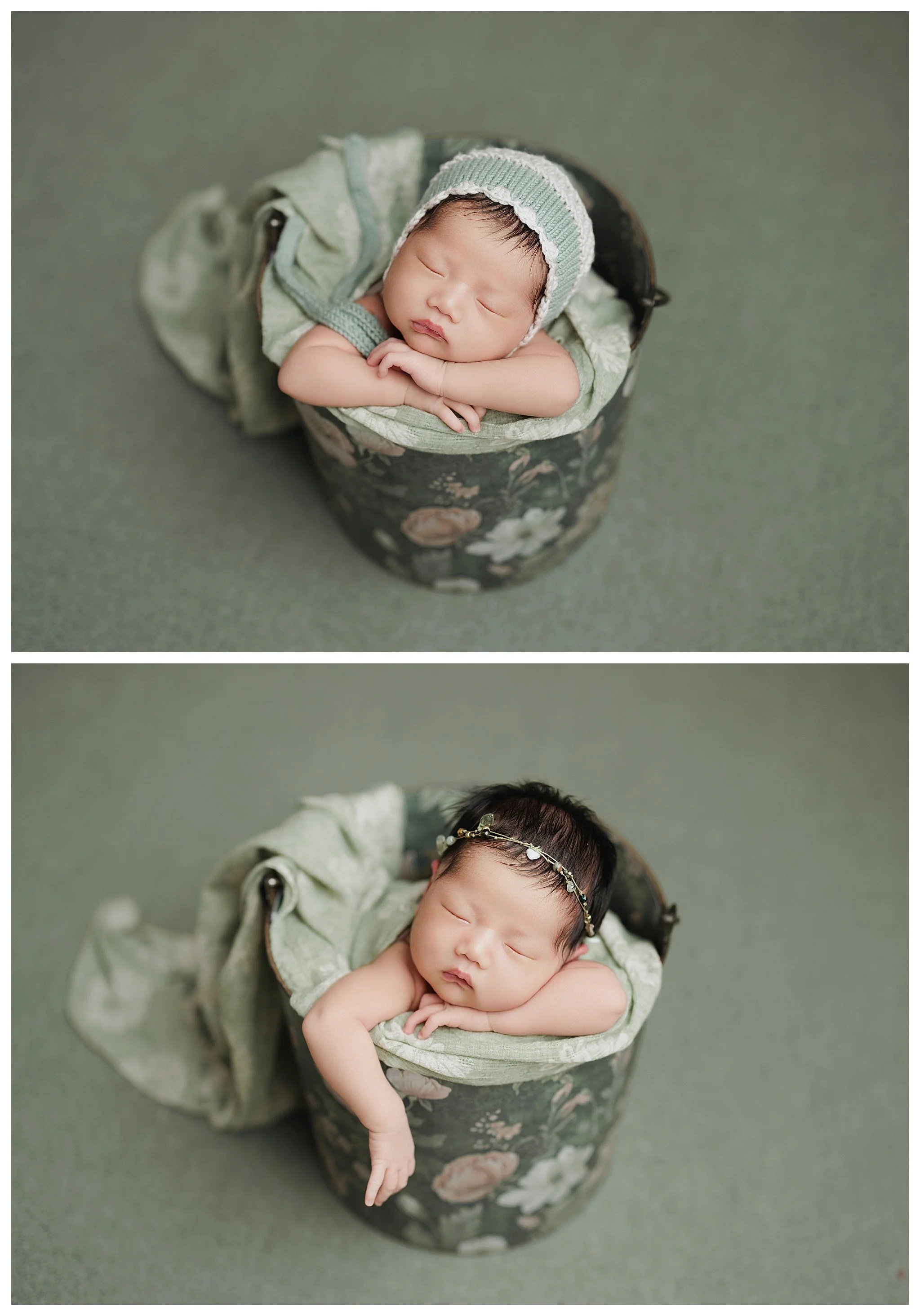 Baby girl posed in a floral bucket with soft sage green styling during her newborn photography session