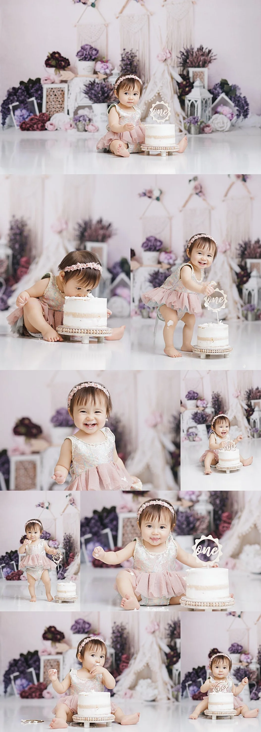 Baby girl enjoying purple boho themed first birthday cake smash session in DFW photography studio