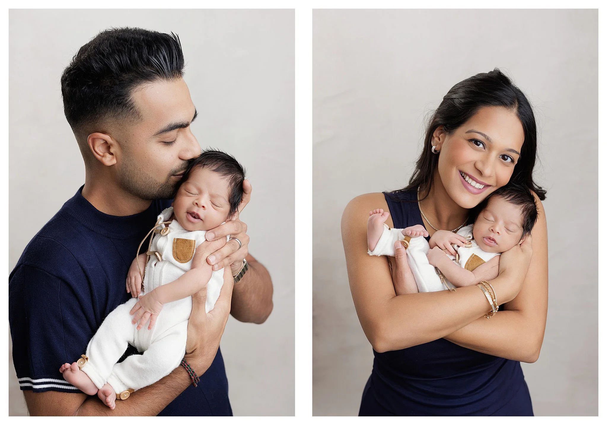 Two-photo collage of a father kissing his sleeping newborn boy’s head and a mother smiling while cradling him, both wearing navy against a neutral studio backdrop.