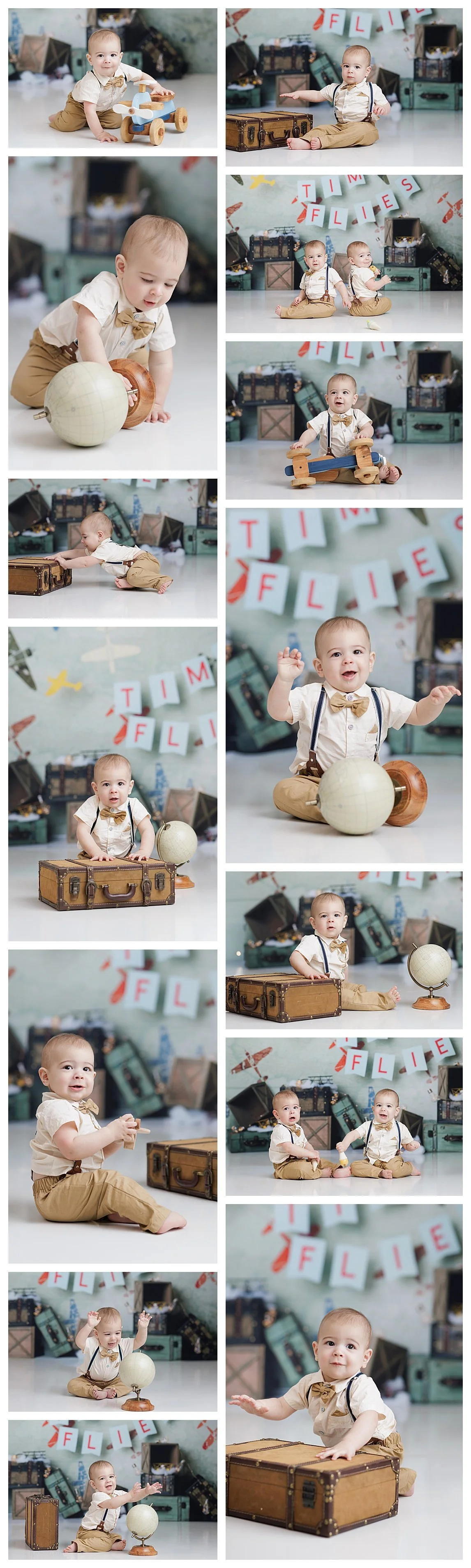 Individual portraits of twin boys exploring toy airplanes, a vintage suitcase, and a globe before their airplane-themed cake smash in DFW.