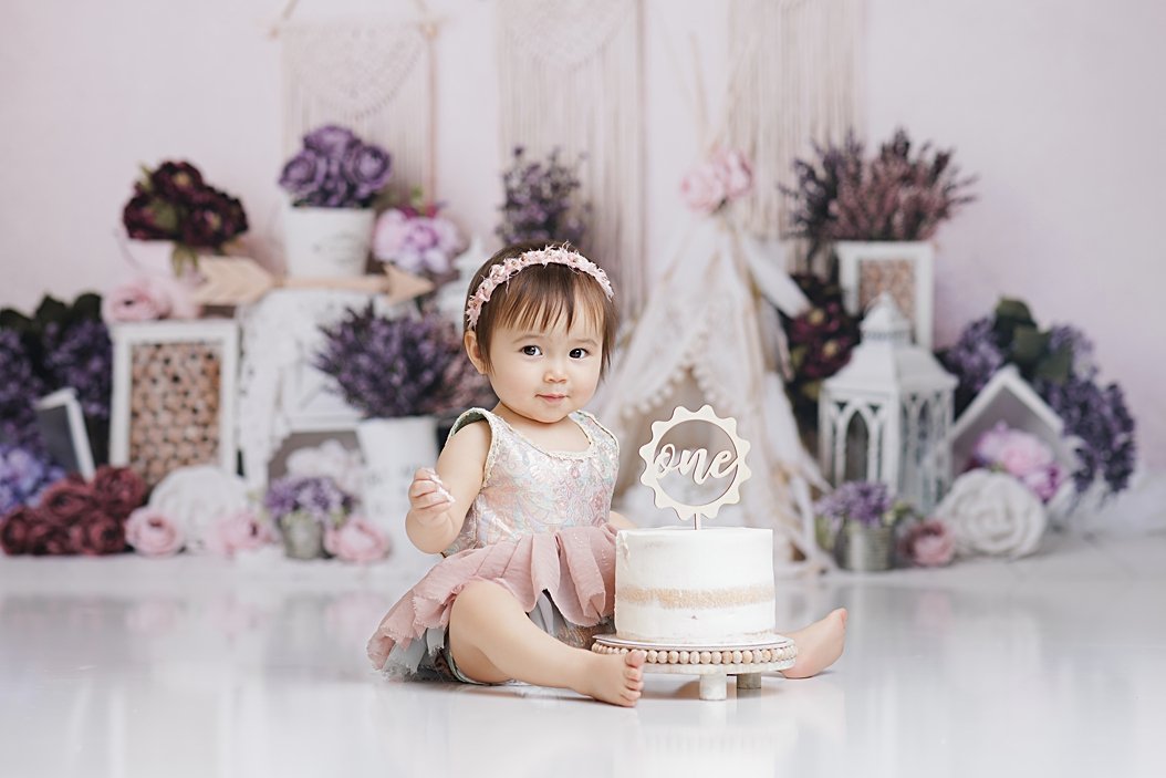Purple Boho Cake Smash and Splash Session | First Birthday Photography in DFW 