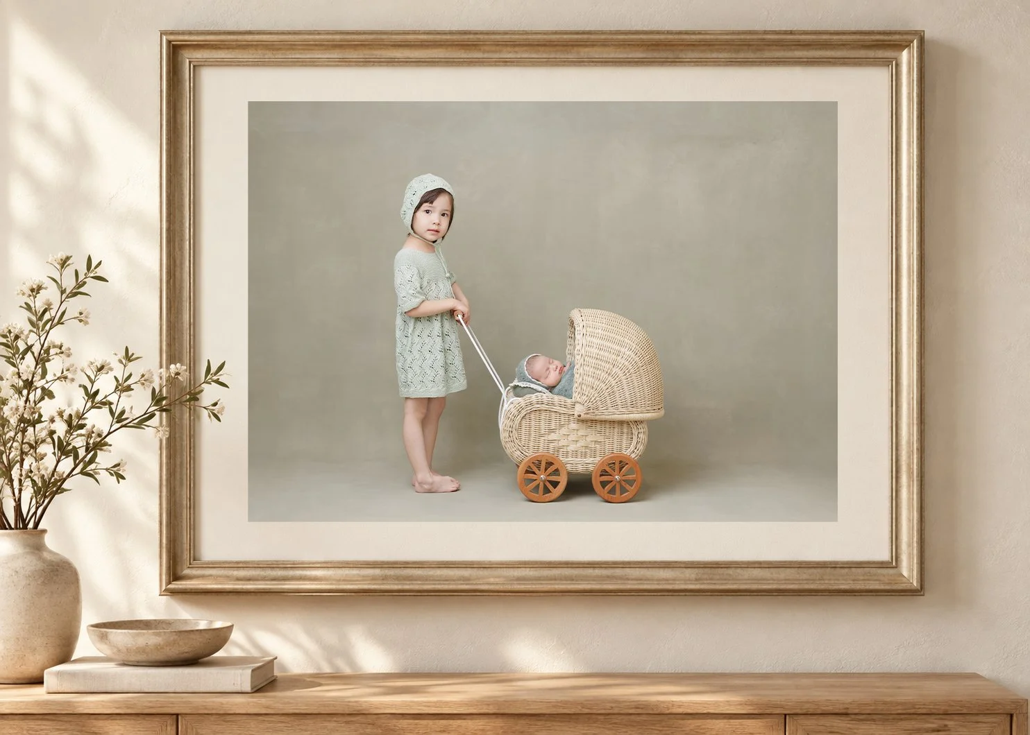 Heirloom Children in a Wicker Pram