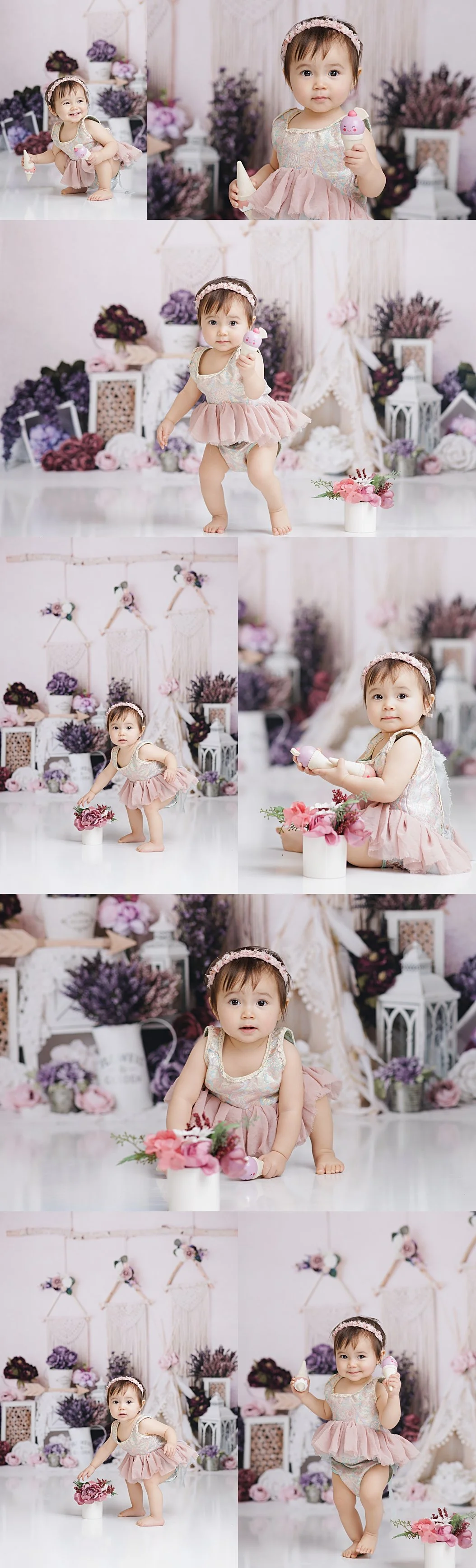 Purple boho themed first birthday portrait of baby girl at DFW cake smash photography studio