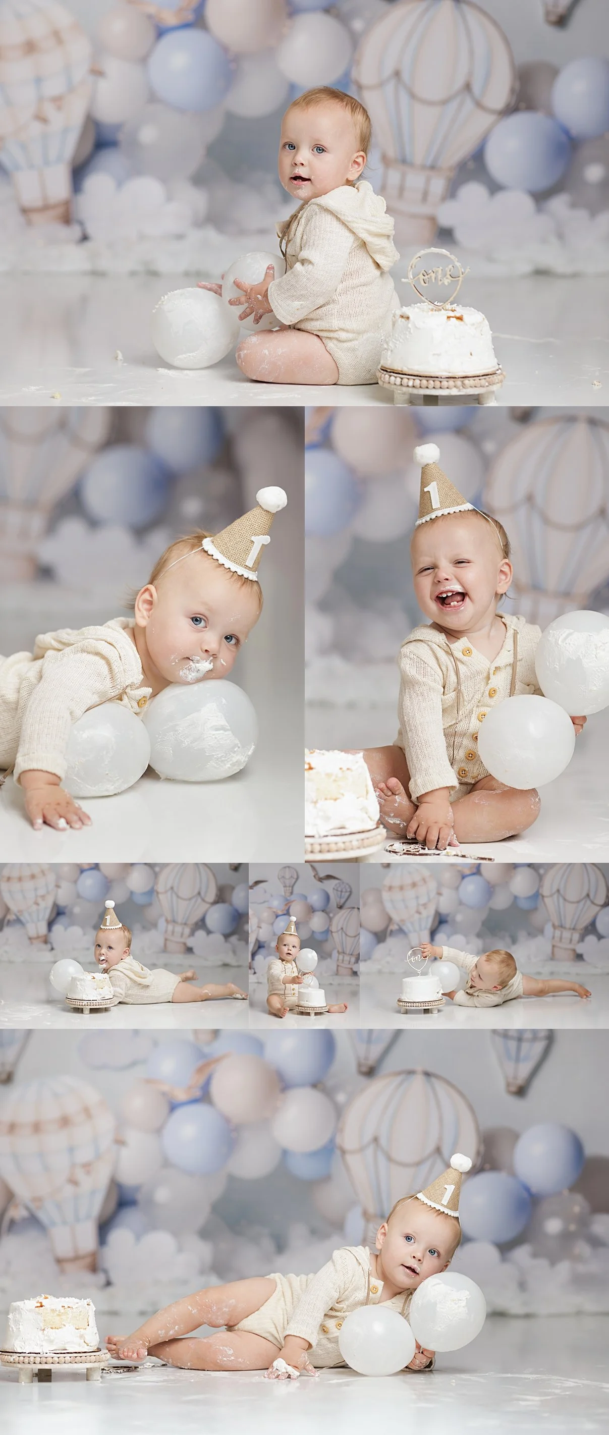 Baby splash bath after hot air balloon cake smash first birthday session