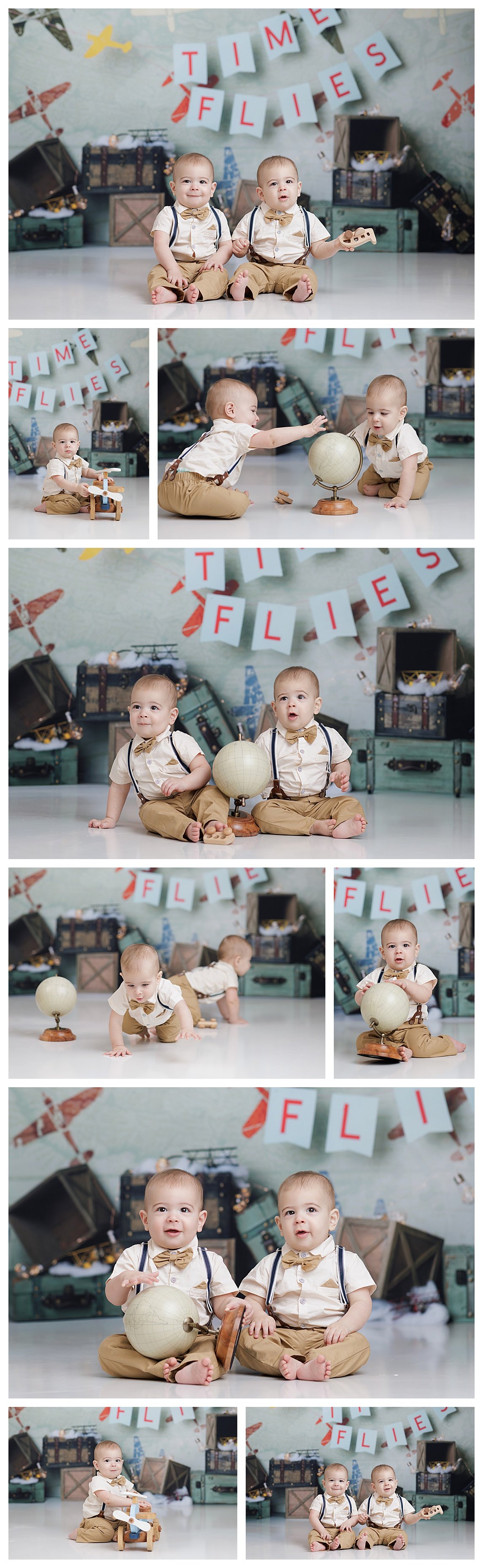 Twin boys playing with wooden airplanes and a globe before their vintage airplane-themed cake smash session in Southlake, DFW.