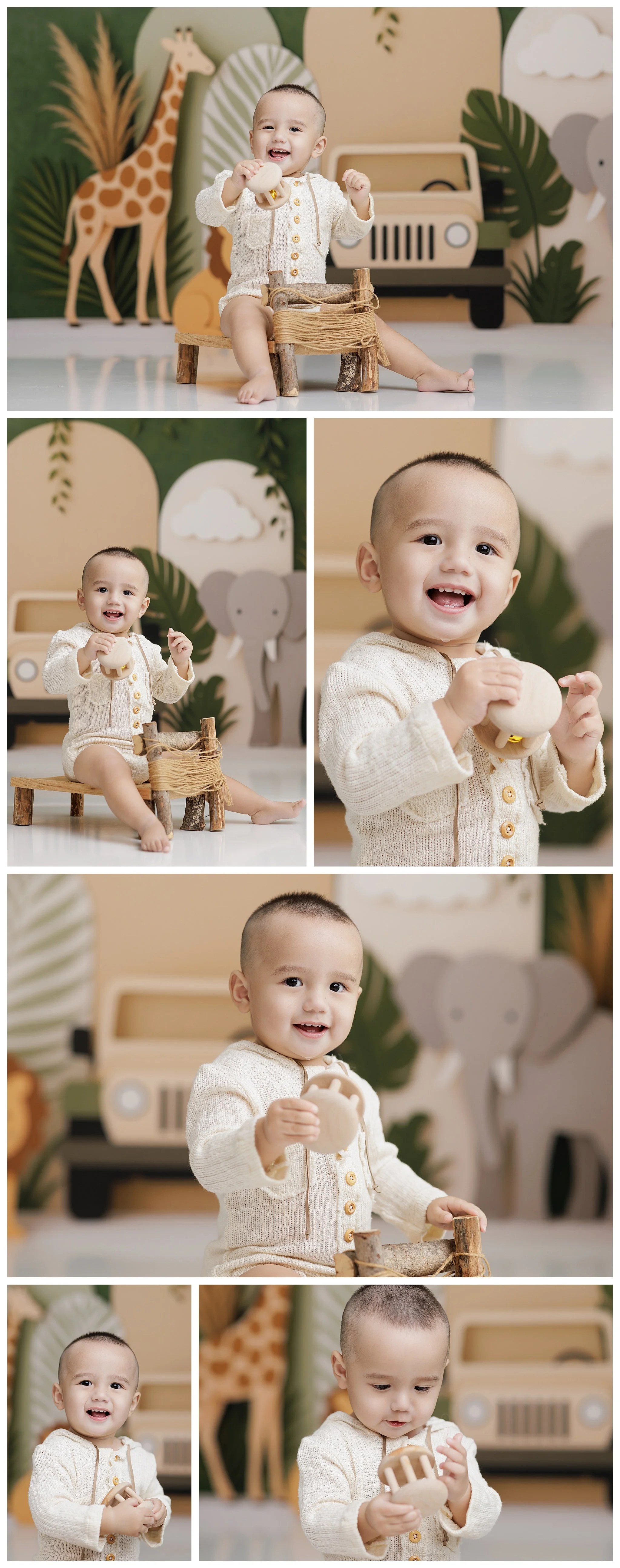 Collage of a smiling baby boy in a cream outfit playing with a wooden toy during his jungle-themed first birthday session.
