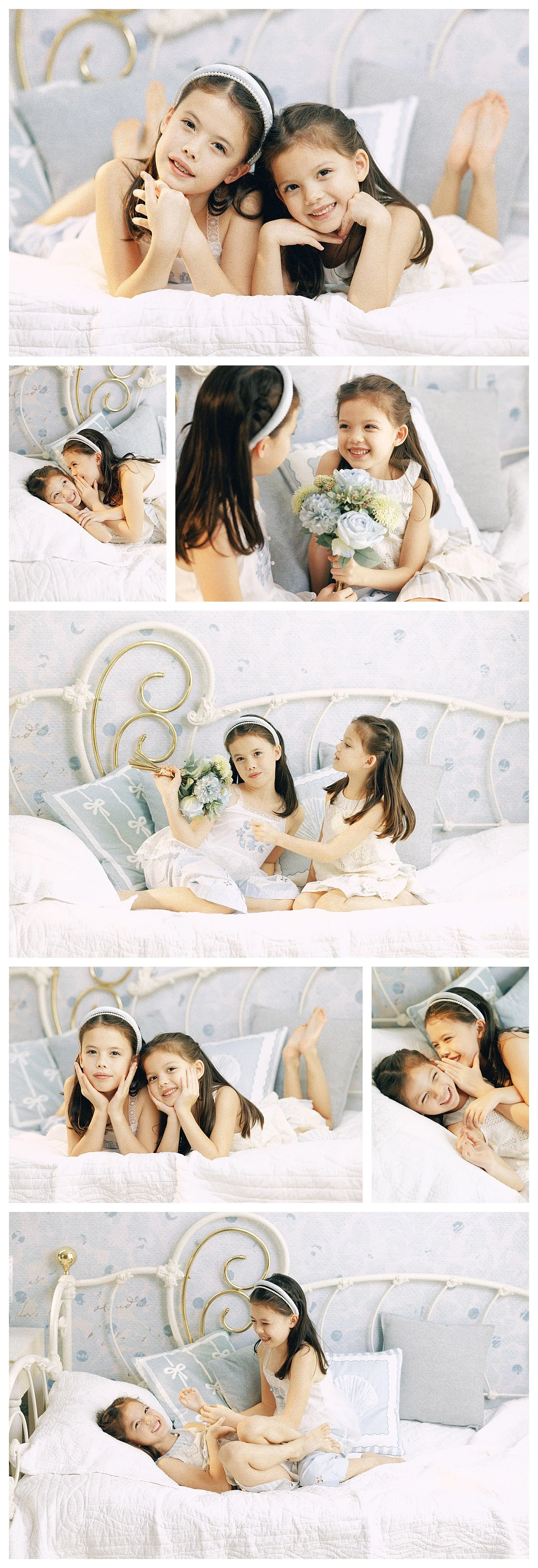 Sisters laughing and playing together during a vintage-inspired Storybook Bedroom portrait session in Dallas Fort Worth.