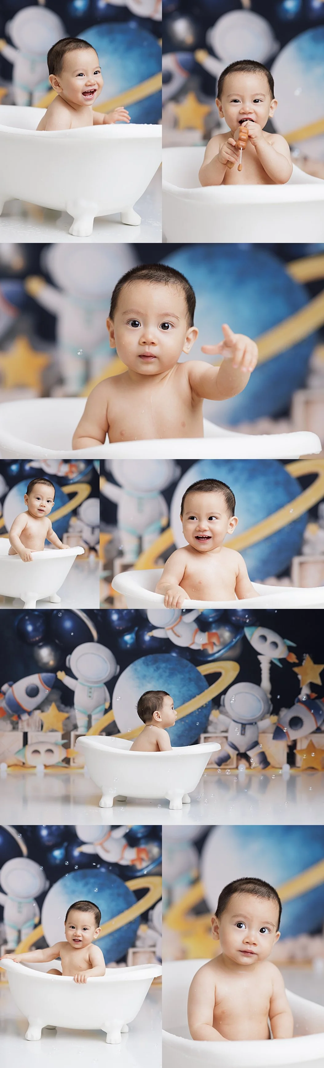 Baby splash bath after astronaut cake smash first birthday session