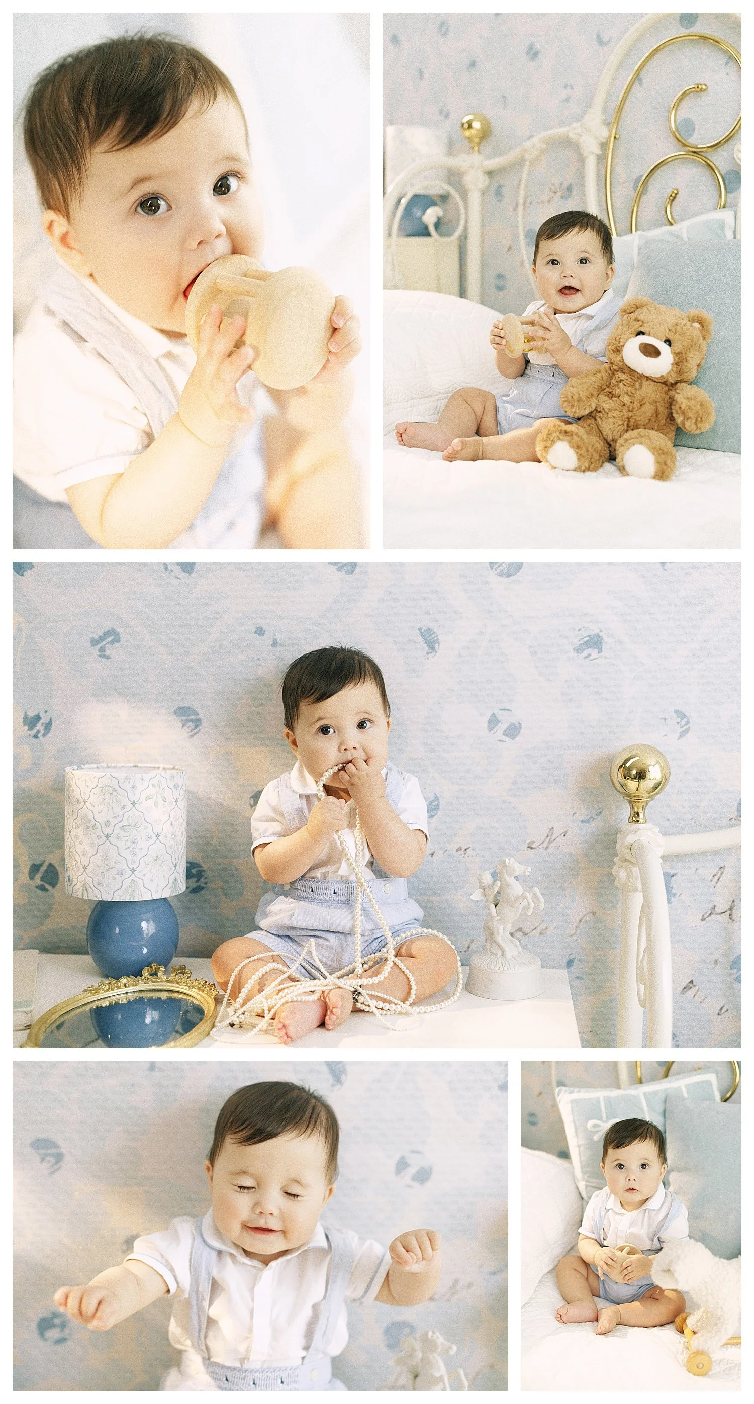 Baby boy playing with vintage toys, pearls, and a teddy bear during a Storybook Bedroom milestone portrait session in Dallas Fort Worth.