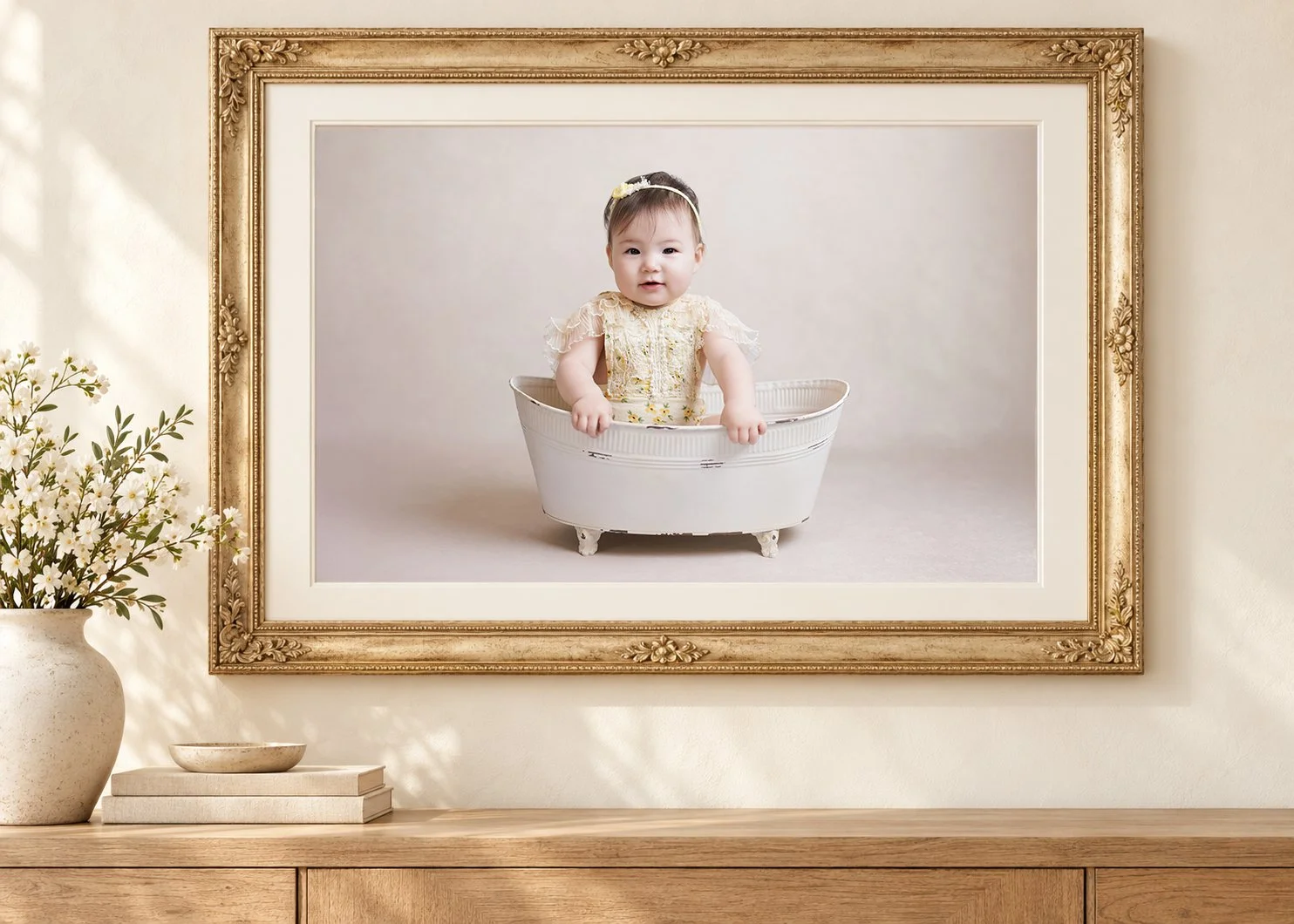 Baby portrait displayed in an ornate gold frame with a cream mat above an oak console, featuring a baby girl in a yellow floral outfit seated in a miniature bathtub.