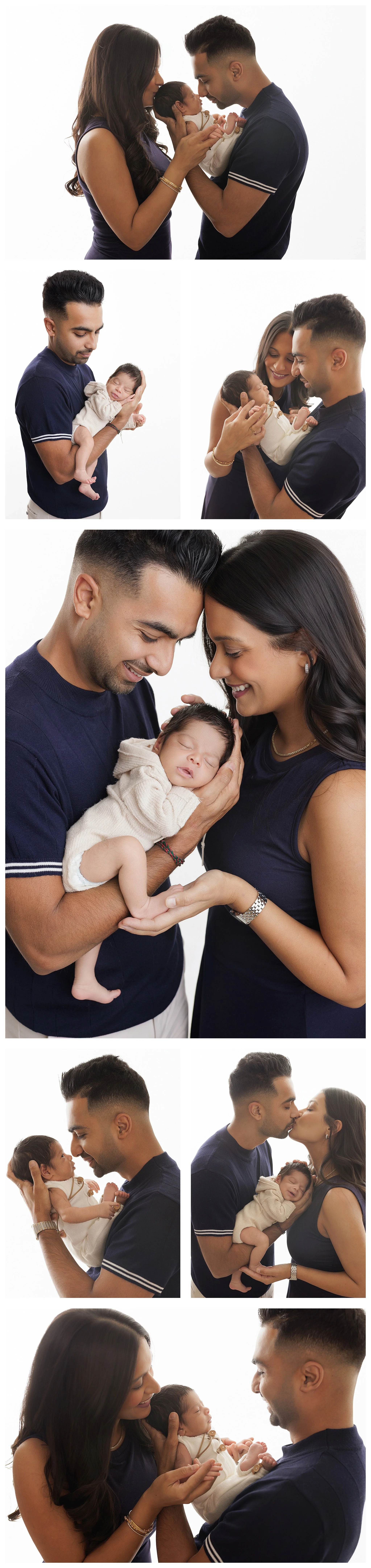 Seven-photo collage of parents in navy holding and kissing their newborn boy in a cream knit outfit against a bright white studio background.