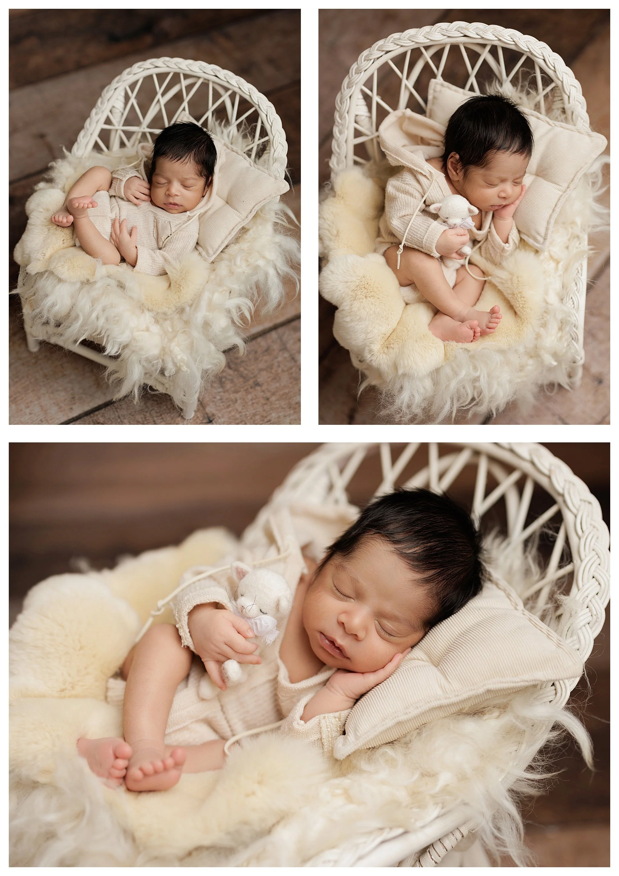 a sleeping newborn boy in a cream knit outfit on a white wicker chair, including close-ups with a tiny stuffed lamb.