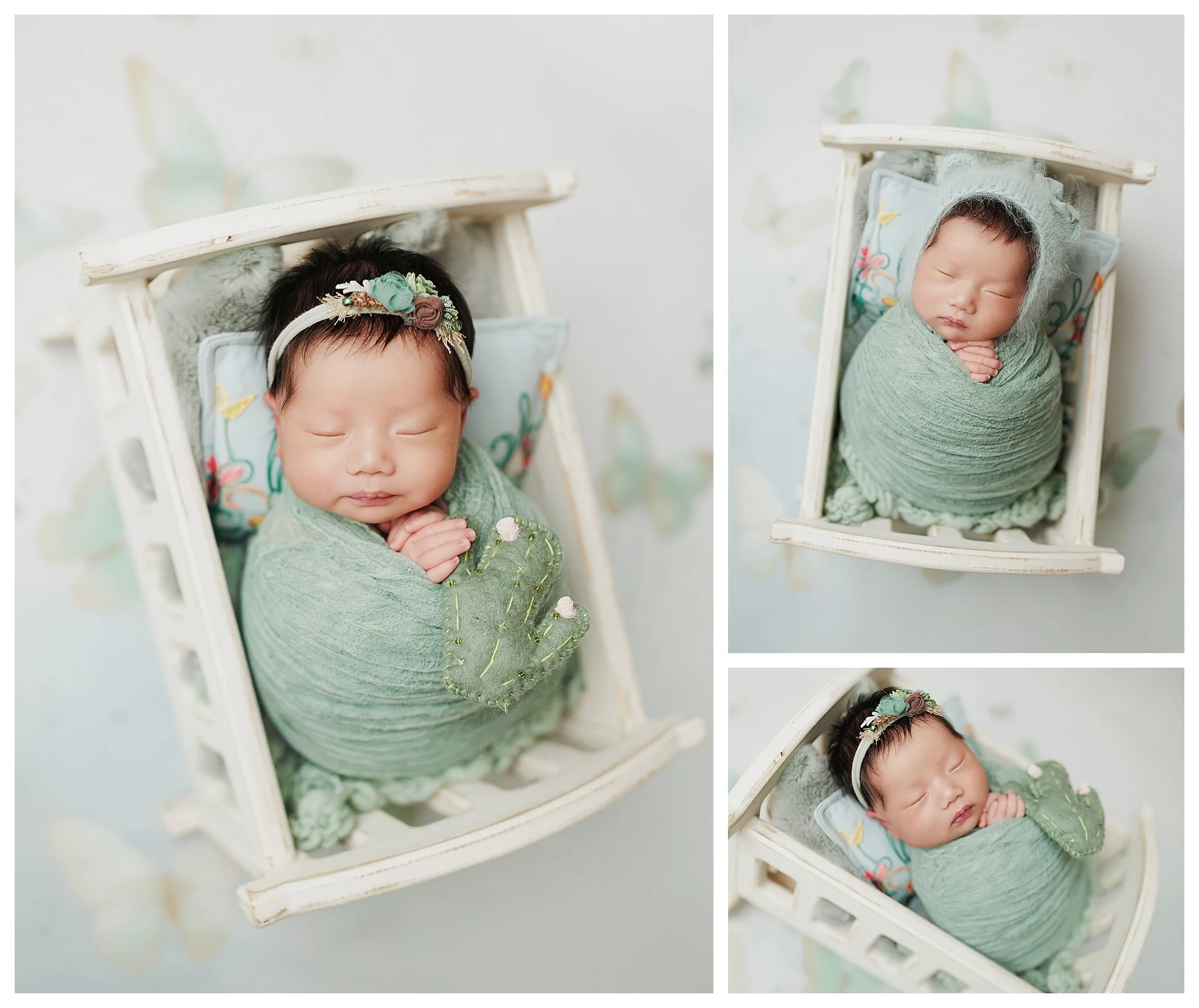 Sleeping newborn baby wrapped in sage green in a vintage bed at a Southlake, TX newborn photography studio