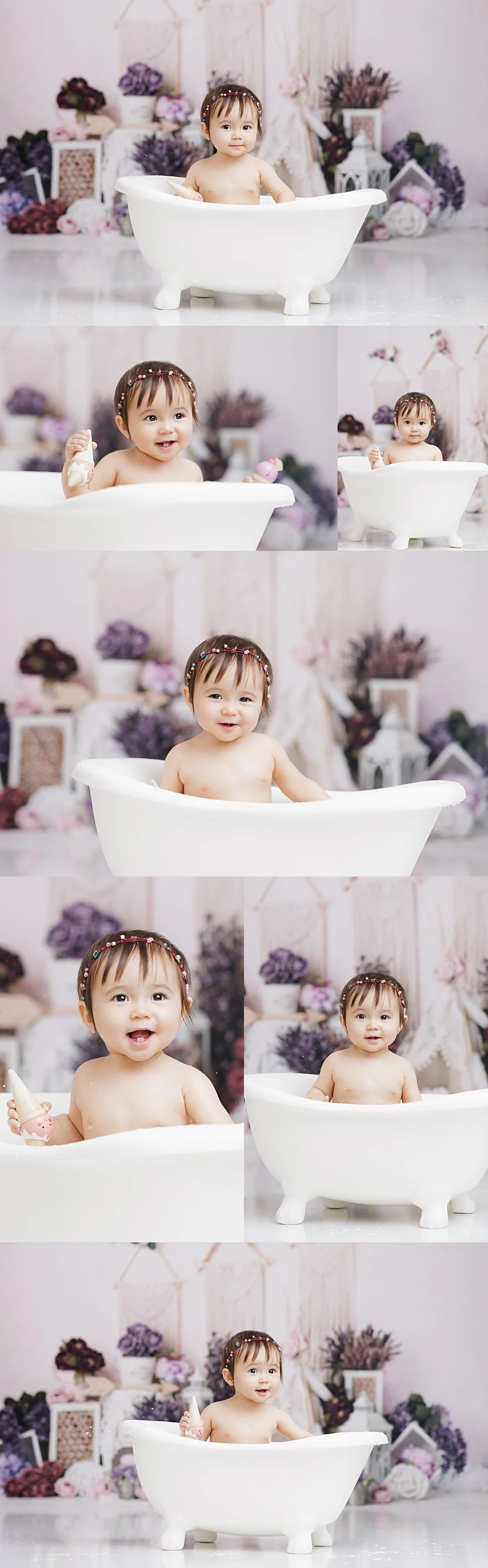 Baby girl playing in bathtub during cake smash splash session at DFW baby photography studio
