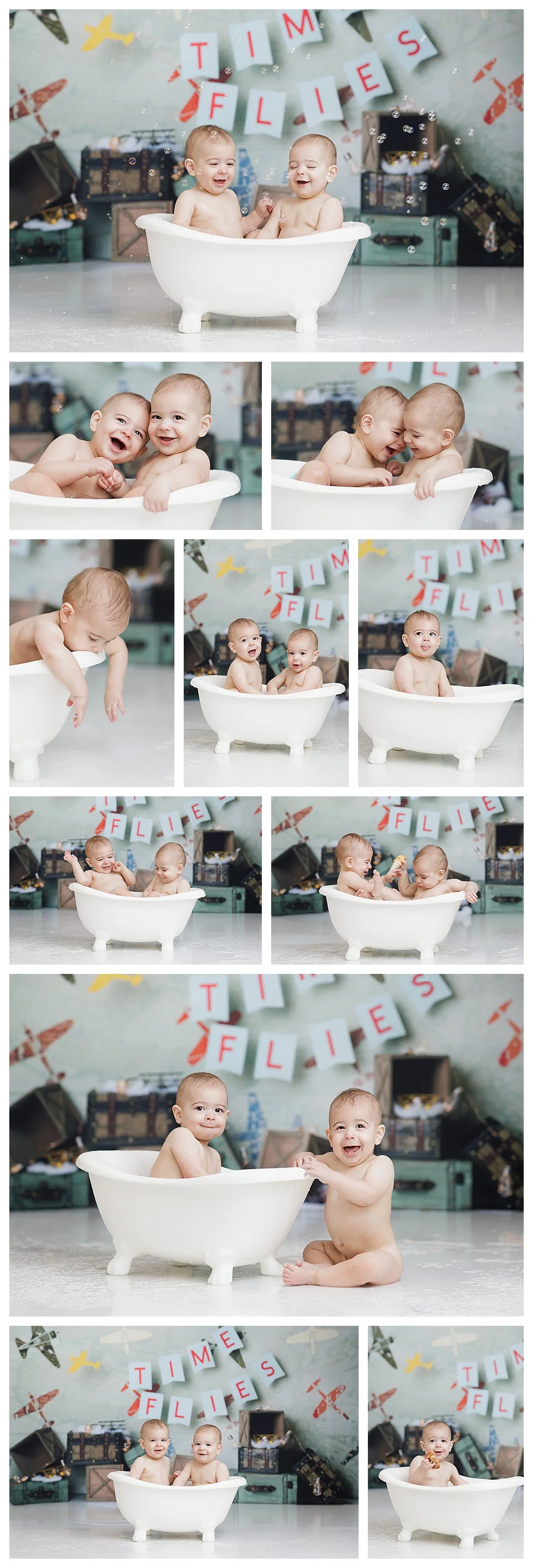 Twin boys laughing and playing together in a white bathtub during the splash finale of their vintage airplane-themed cake smash session in Dallas