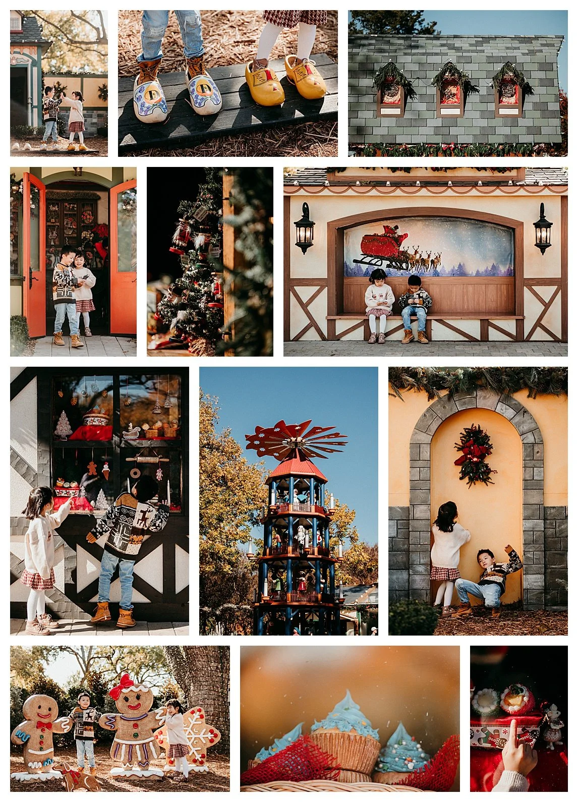 Children exploring the Christmas Village at the Dallas Arboretum, featuring festive holiday displays, nutcrackers, gingerbread decorations, and European-inspired Christmas shops.