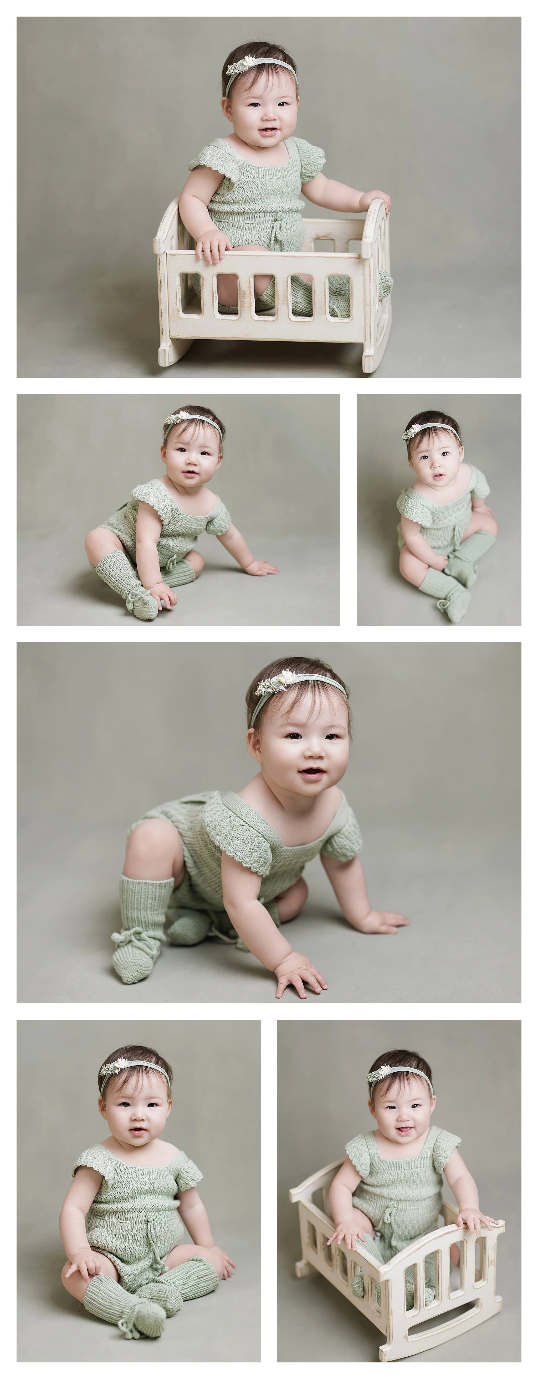 Six-photo collage of a baby girl in a sage green knit romper and matching booties, sitting in a miniature cream crib and posing on a soft green studio floor.