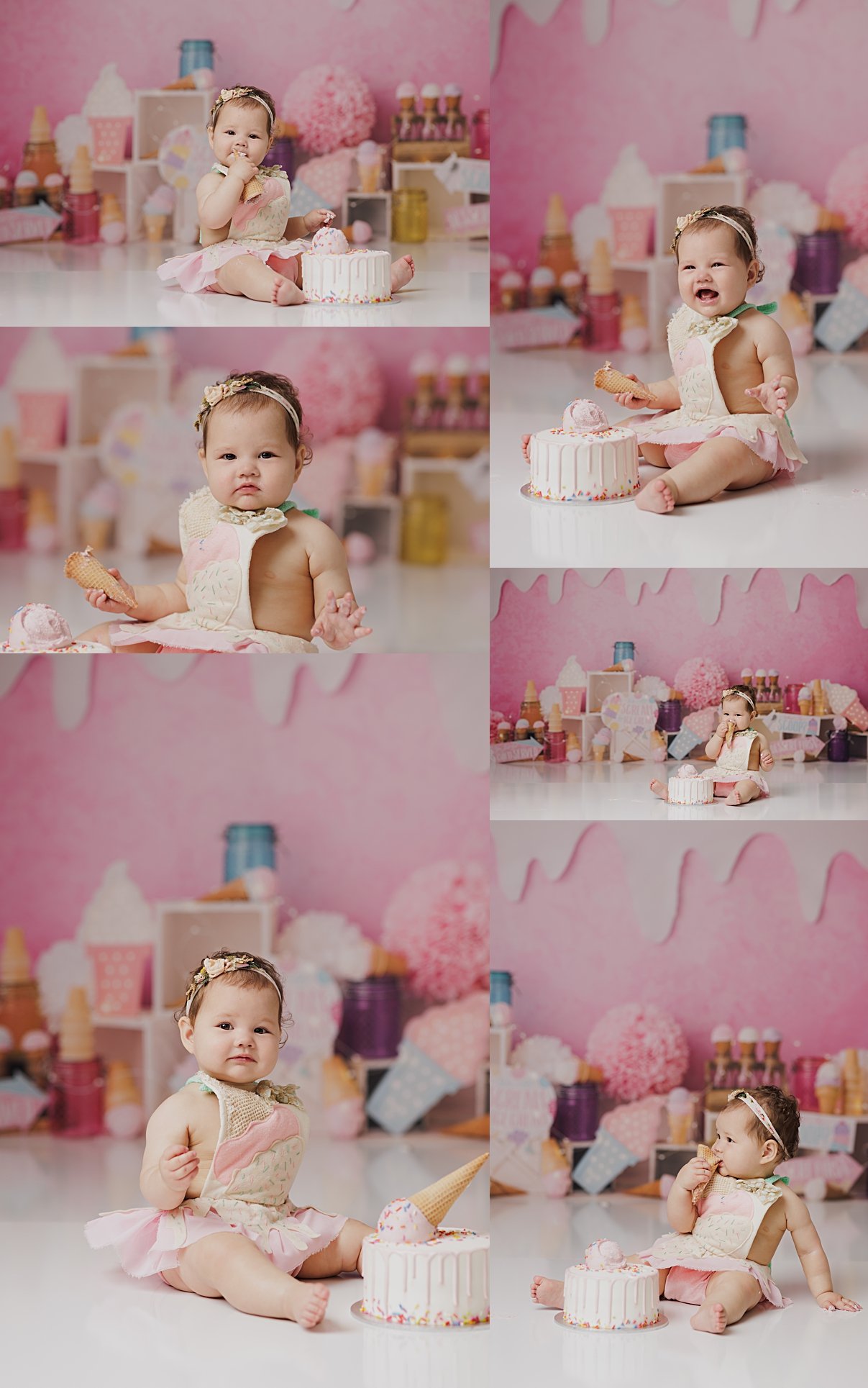 Adorable baby enjoying cake during ice cream themed cake smash session in DFW studio