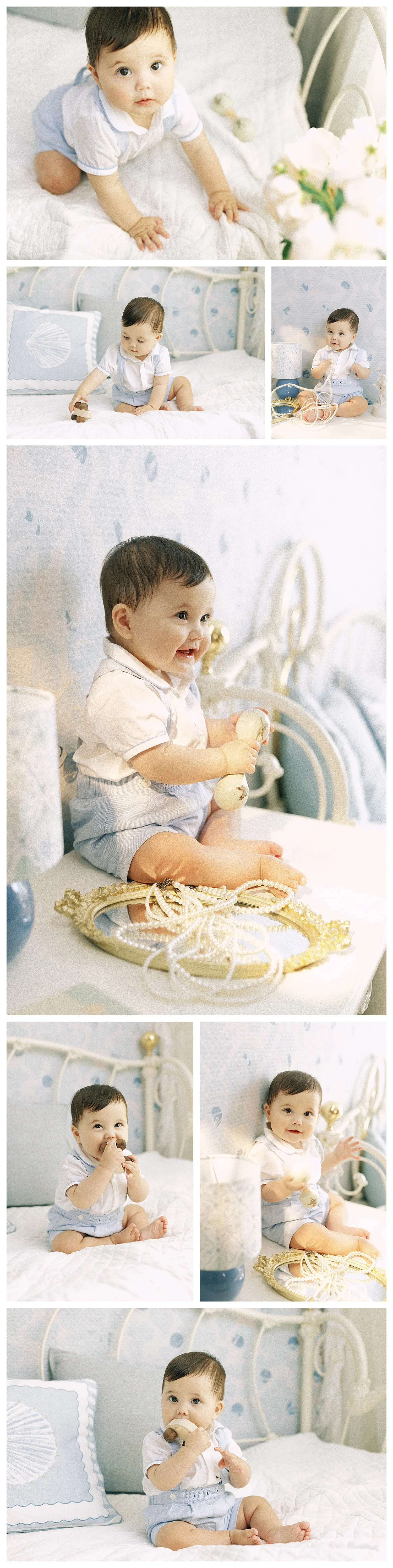Baby boy exploring and playing on a soft blue vintage-inspired Storybook Bedroom set in Southlake, Texas.