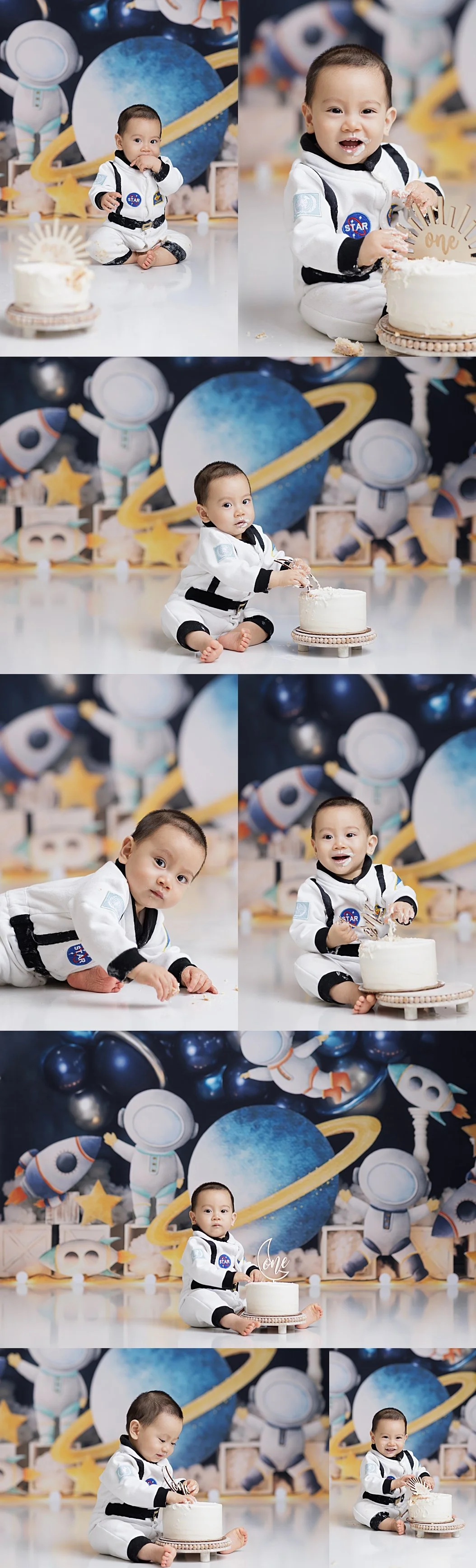 Baby enjoying cake smash during astronaut themed first birthday photoshoot