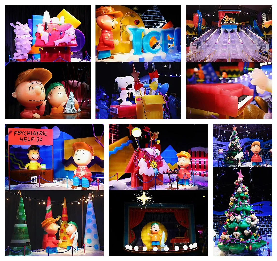Peanuts-themed ICE! Christmas display at Gaylord Texan in Grapevine, Texas, featuring Snoopy, Charlie Brown, holiday scenes, and colorful ice sculptures.