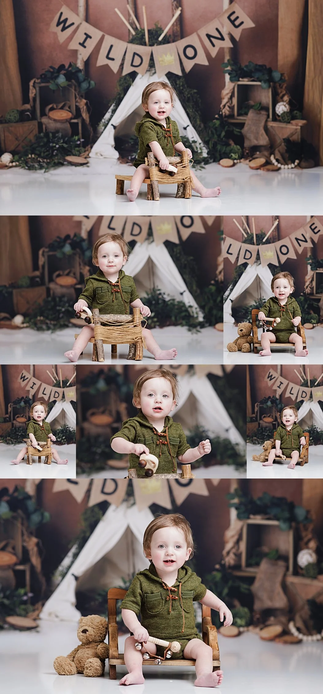 Baby Noah Wild One themed first birthday portrait at DFW cake smash photography studio