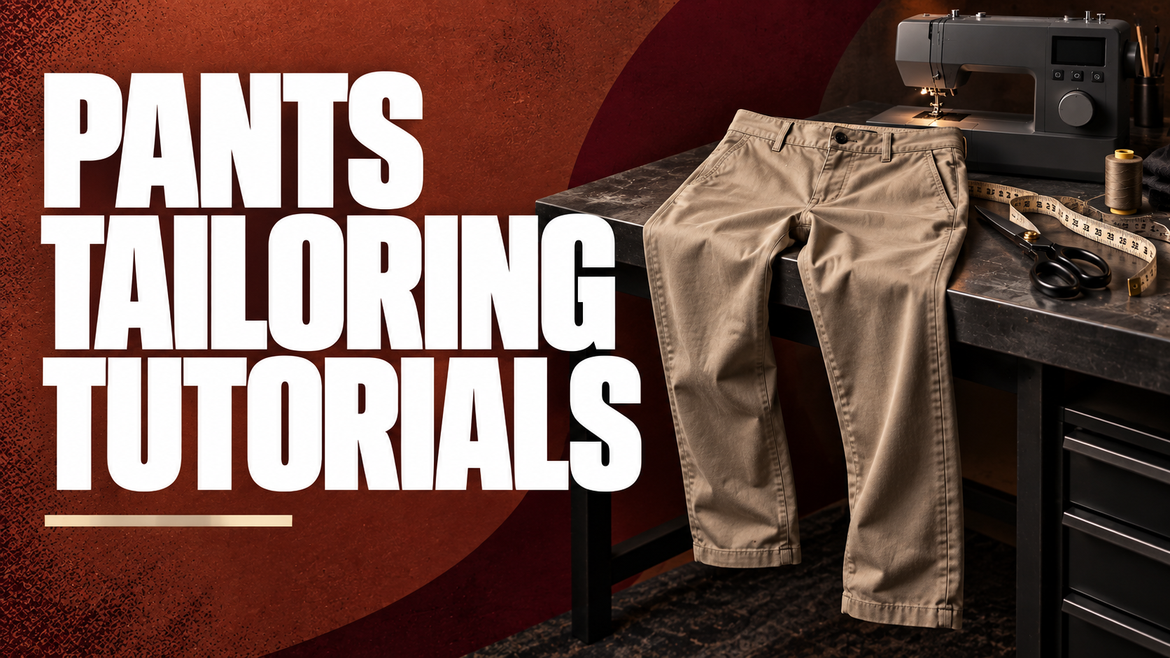 A pair of beige pants on a black sewing table with a sewing machine, scissors, measuring tape, and spool of thread, with bold white text reading "Pants Tailoring Tutorials" on a textured red background.