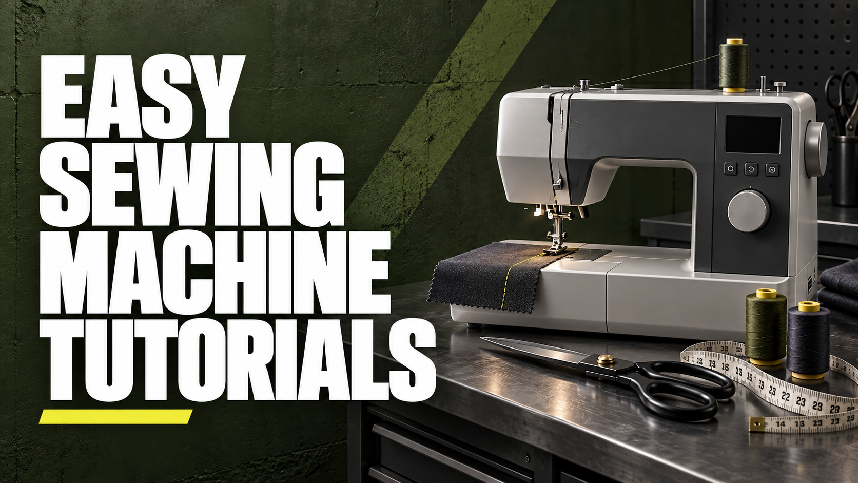 Sewing machine on a worktable with sewing supplies like scissors, measuring tape, and thread spools. Text overlay says 'Easy Sewing Machine Tutorials' on a green wall background.