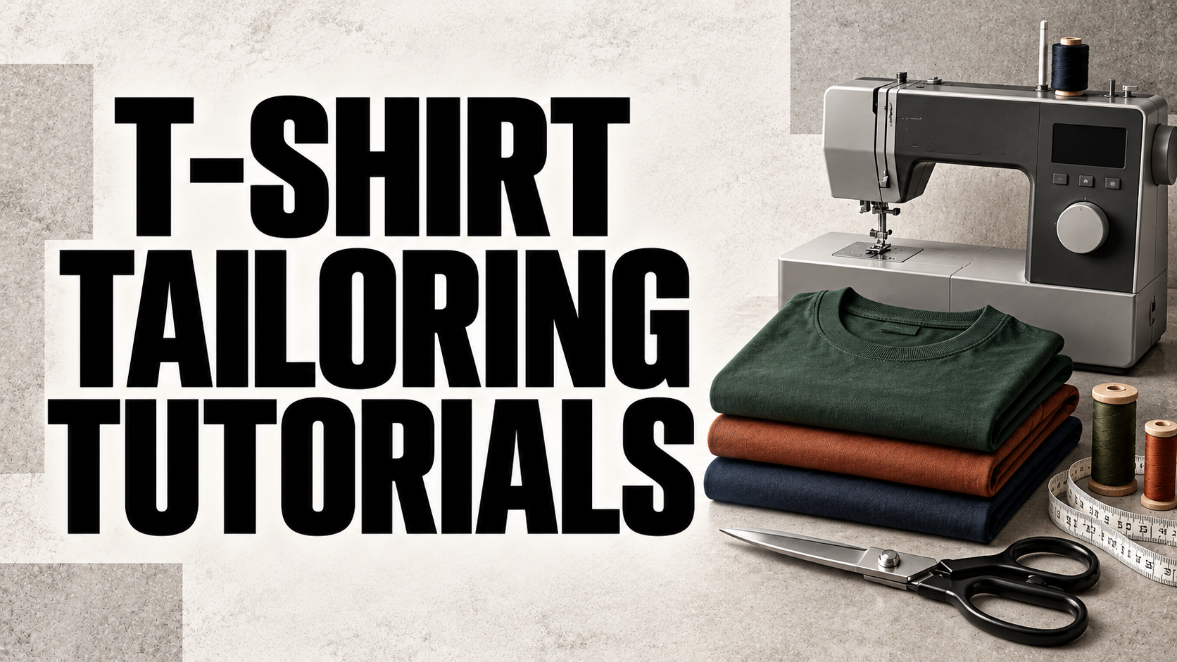 Text that reads 'T-SHIRT TAILORING TUTORIALS' next to a sewing machine, fabric folded in green, rust, and navy blue, spools of thread, scissors, and a measuring tape on a workspace.