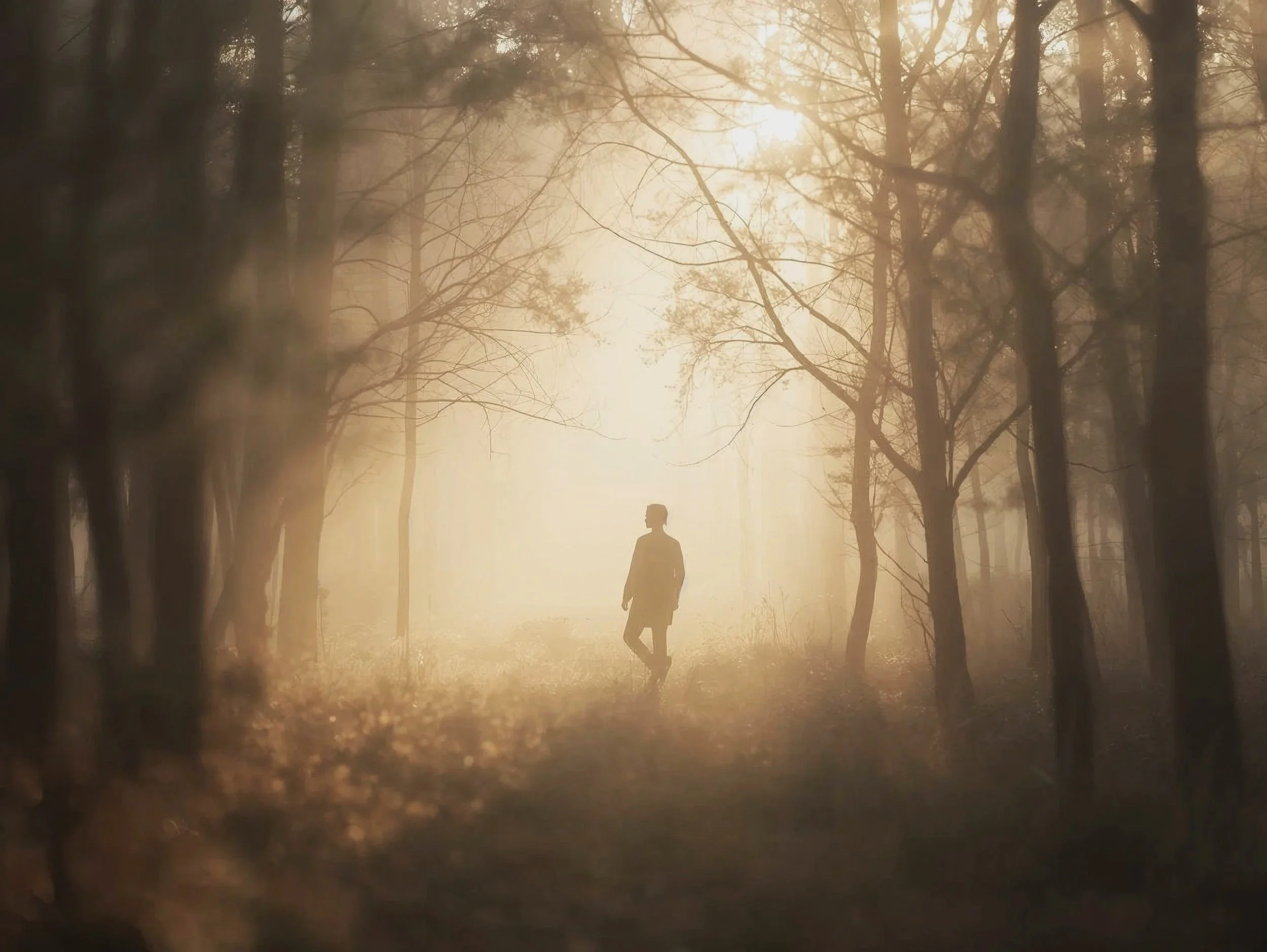 Persoon loopt alleen door een mistig bos met warm licht, symbool voor vertraging en innerlijke rust