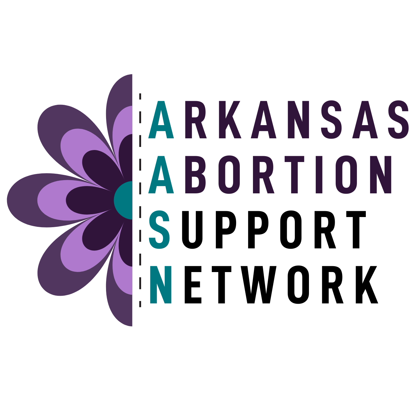 On the left is half of a cartoonish purple flower reminiscent of the early 2000s. On the right in bold text is "Arkansas Abortion Support Network". The first letter of every word is highlighted in teal, which makes "AASN" stand out.