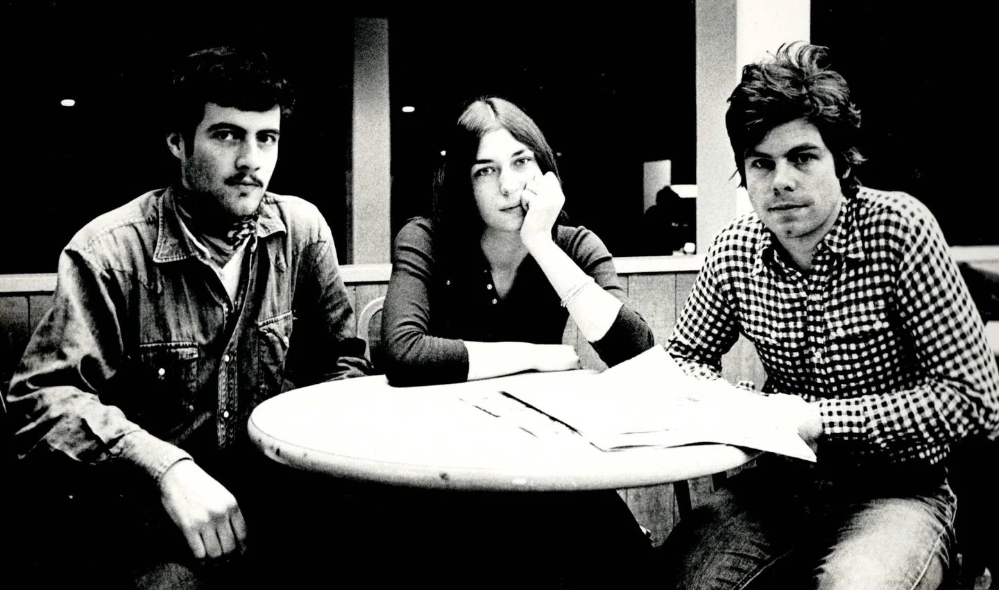 A photo out of the past, so evocative. Patrick Eliott-Smith, Janet Michaud and John Sutcliffe back at Reed College from a photo shoot at John&rsquo;s old Ranch in Elko Nevada. How odd that both of the boyos would have brilliant vineyards more than 50