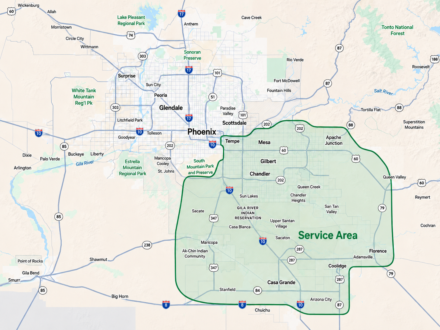 HydroPro hot tub service area map covering Phoenix's East Valley and surrounding Arizona communities