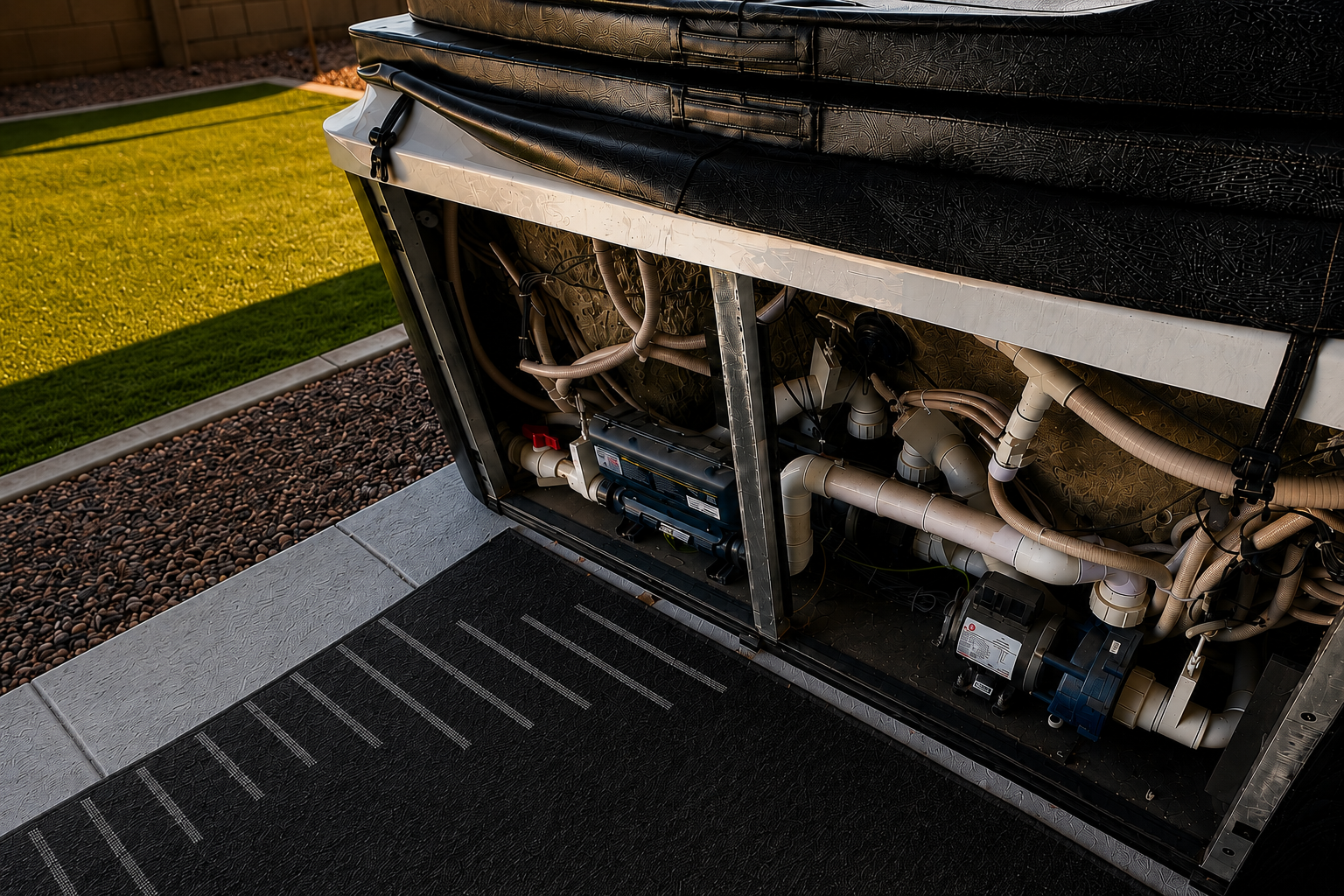Open residential hot tub equipment compartment during professional repair service