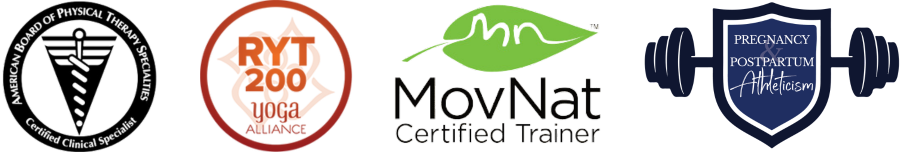 Logos representing various certifications: American Board of Physical Therapy Board Certified Specialist in Women's Health Physical Therapy, Registered Yoga Teacher, MovNat Certified Trainer, Pregnancy and Postpartum Athleticism.