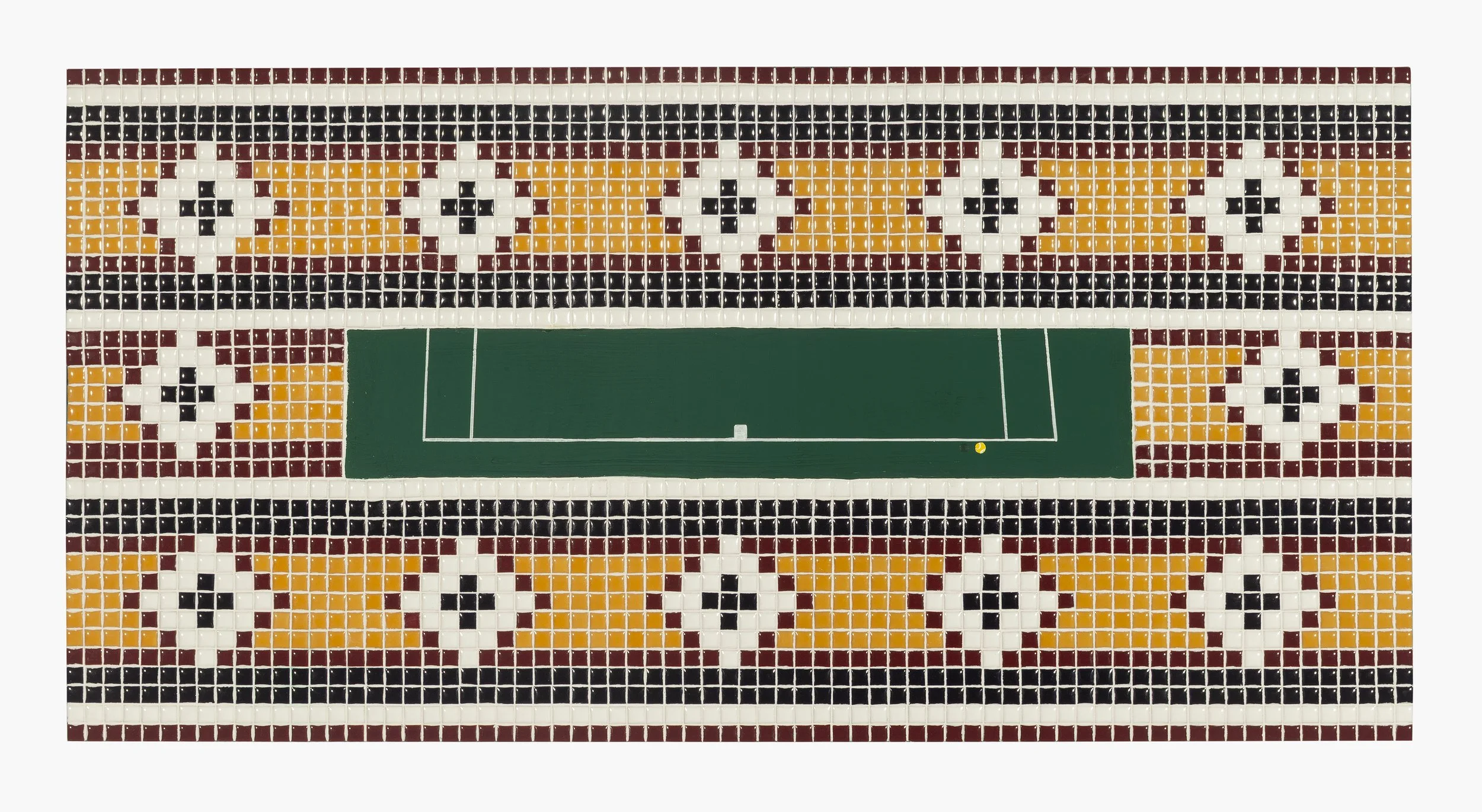 Study 4, 1966 Grand Central Tennis Courts, founded by Geza A. Gazdag, a Hungarian immigrant, 2025, Medium: Acrylic, paint additives and ceramic on wood panel
18 x 36 x 1.75 in