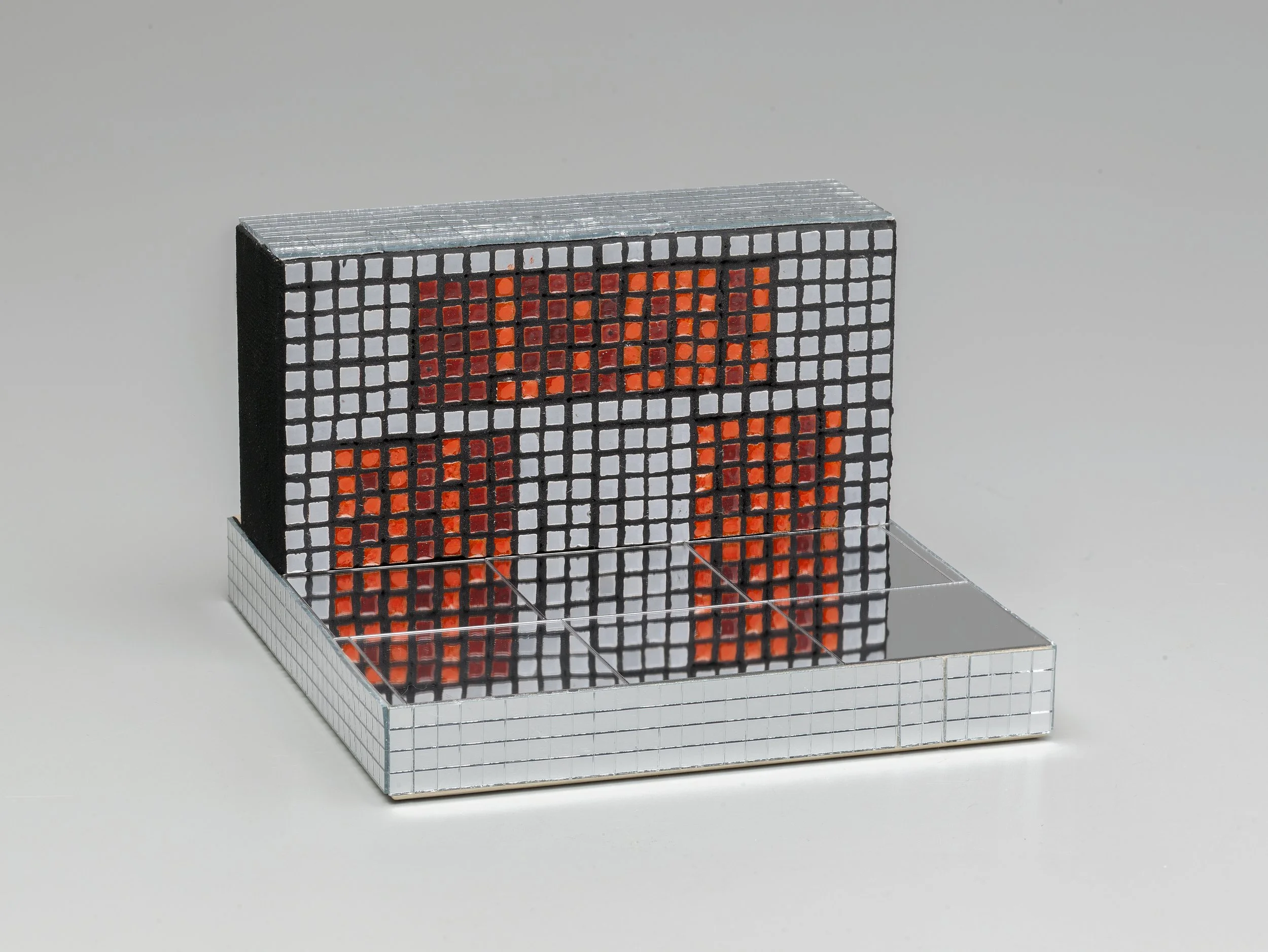 Low Blow, 2026, Medium: Ceramic tile, flash paint, and mirrors on wood panel
4x6x6 in