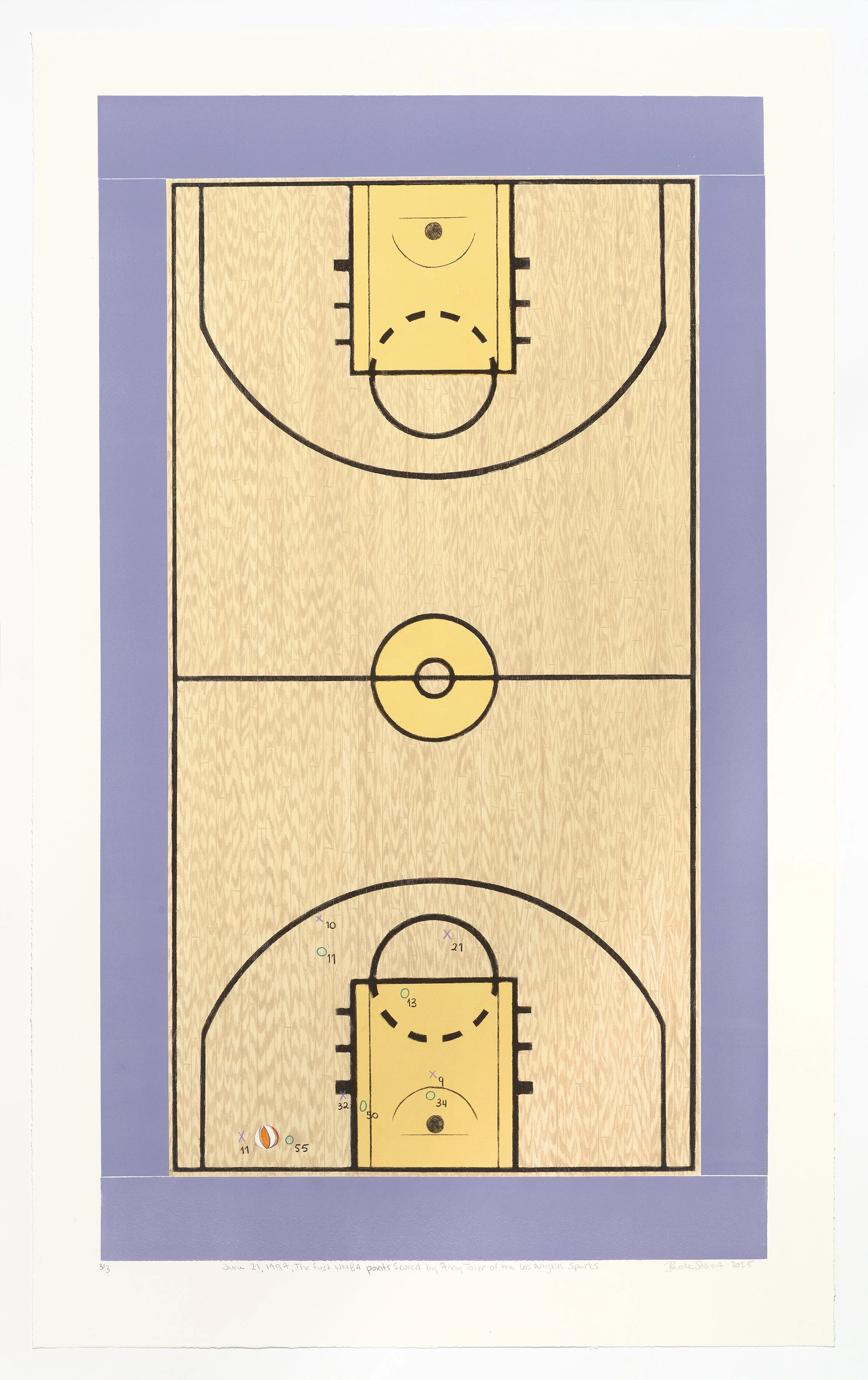 June 21,1997, the first WNBA points scored by Penny Toler of the Los Angeles Sparks, 2025
Drypoint, watercolor monotype, collagraph and hand coloring
34.5 x 20 in (87.63 x 50.8 cm)
Paper size: 39.5 x 24 in (100.33 x 60.96 cm)